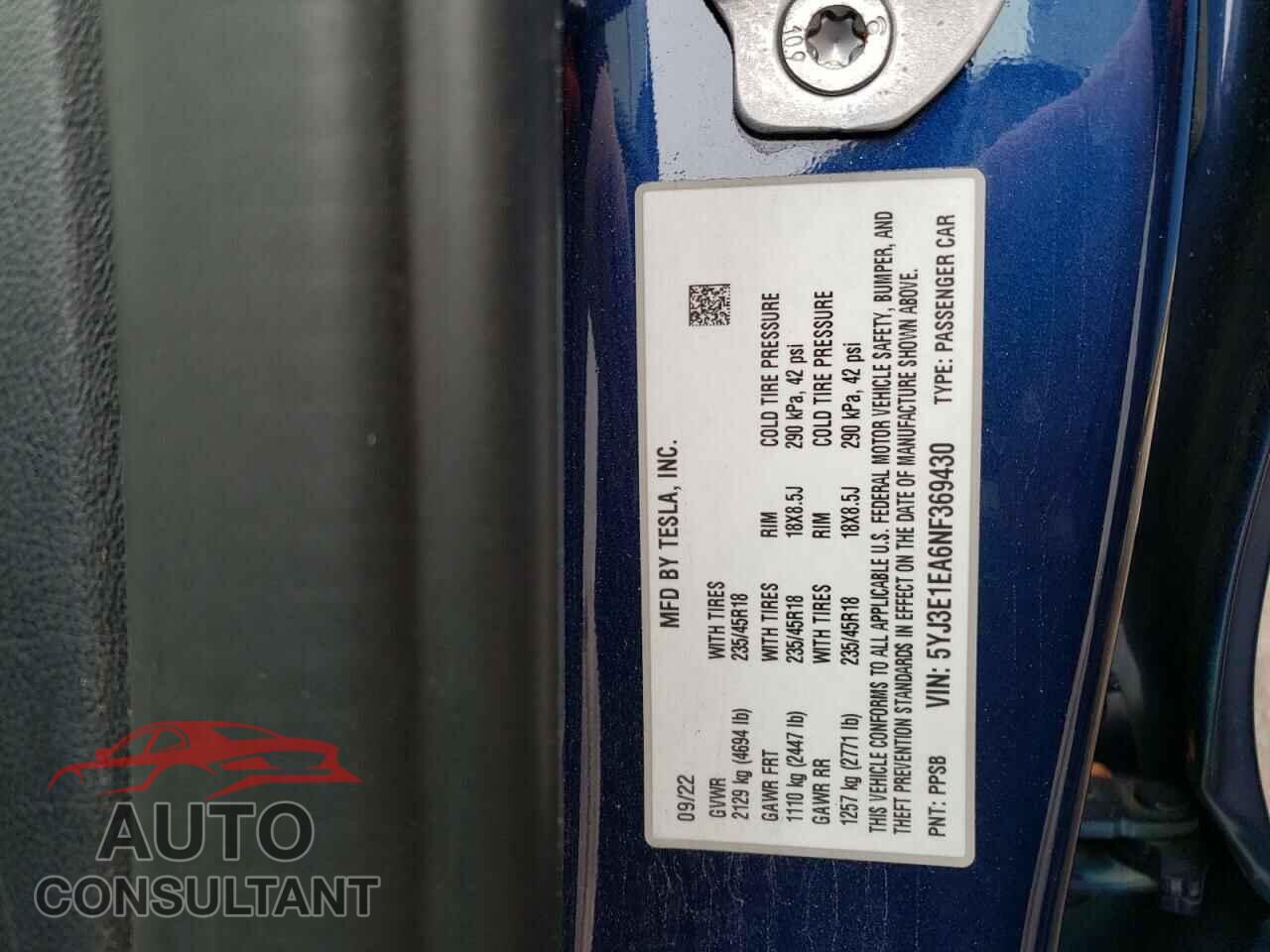 TESLA MODEL 3 2022 - 5YJ3E1EA6NF369430