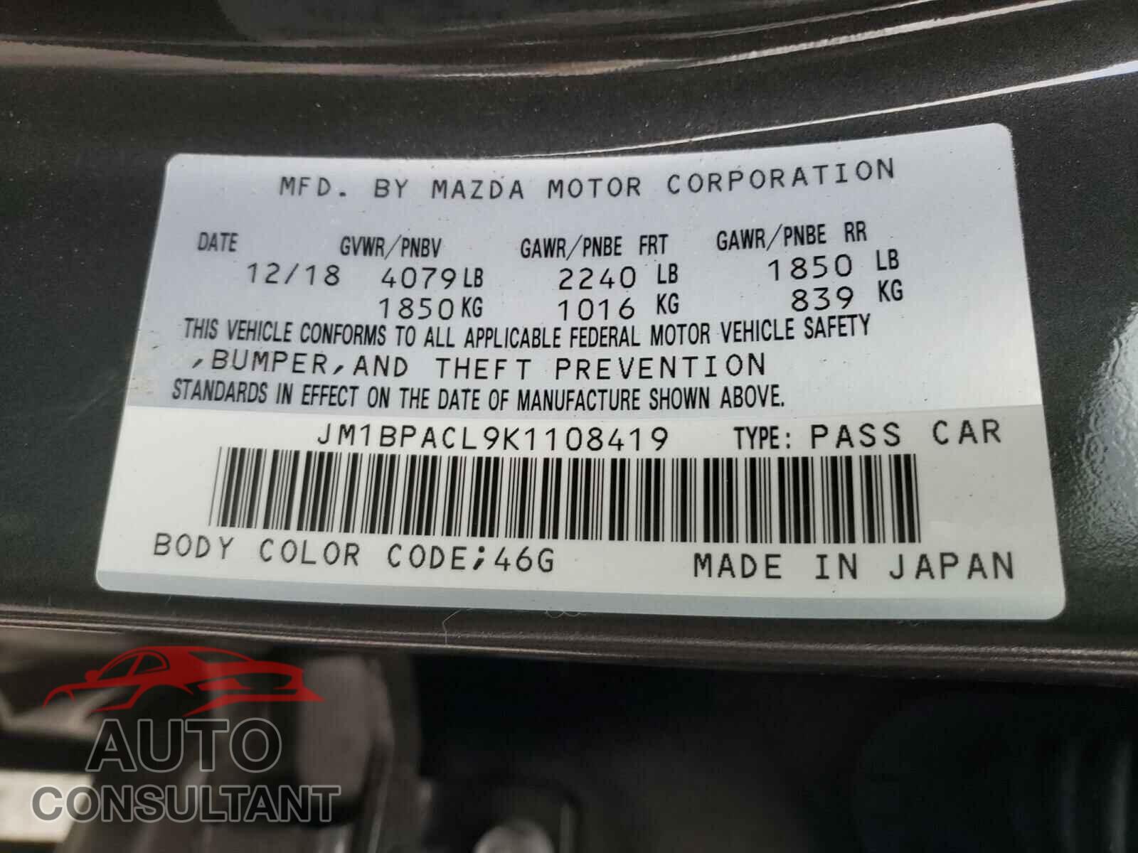 MAZDA 3 2019 - JM1BPACL9K1108419