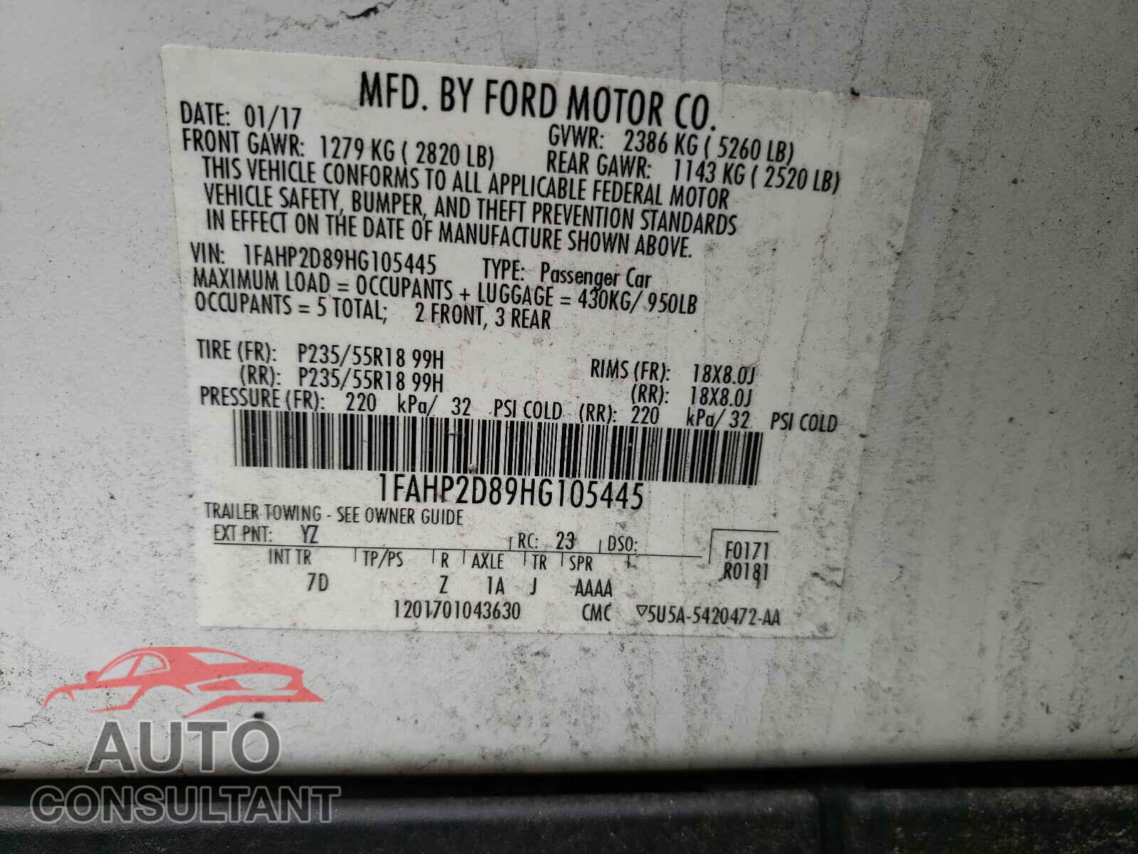 FORD TAURUS 2017 - 1FAHP2D89HG105445