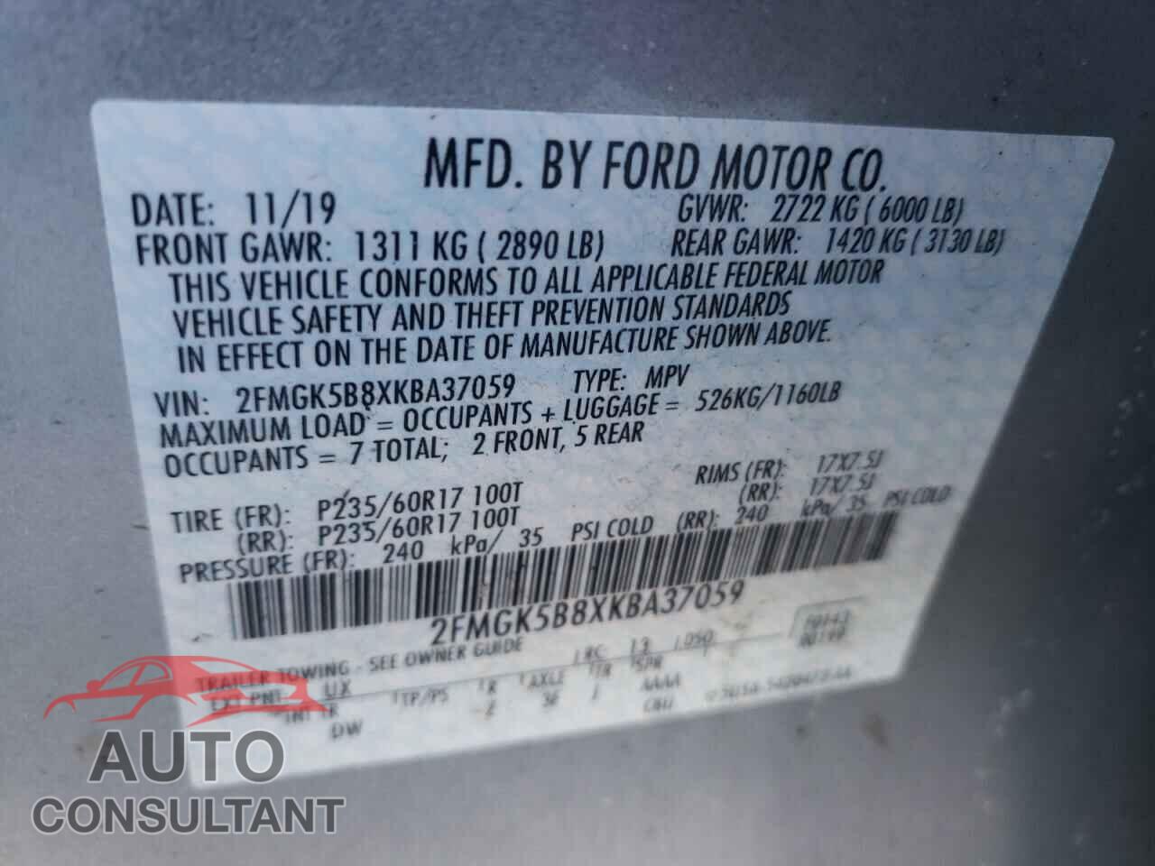 FORD FLEX 2019 - 2FMGK5B8XKBA37059