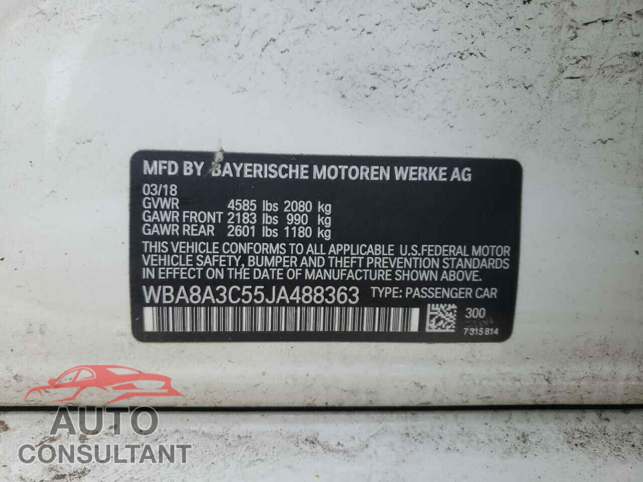 BMW 3 SERIES 2018 - WBA8A3C55JA488363