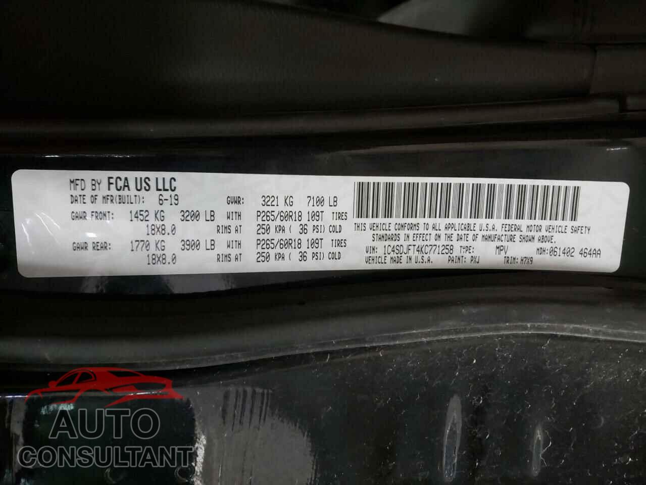 DODGE DURANGO 2019 - 1C4SDJFT4KC771258