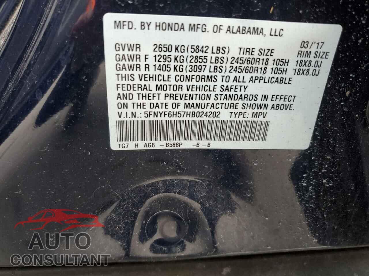 HONDA PILOT 2017 - 5FNYF6H57HB024202