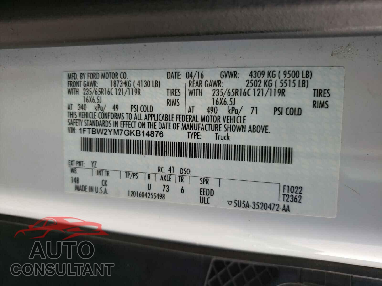 FORD TRANSIT CO 2016 - 1FTBW2YM7GKB14876