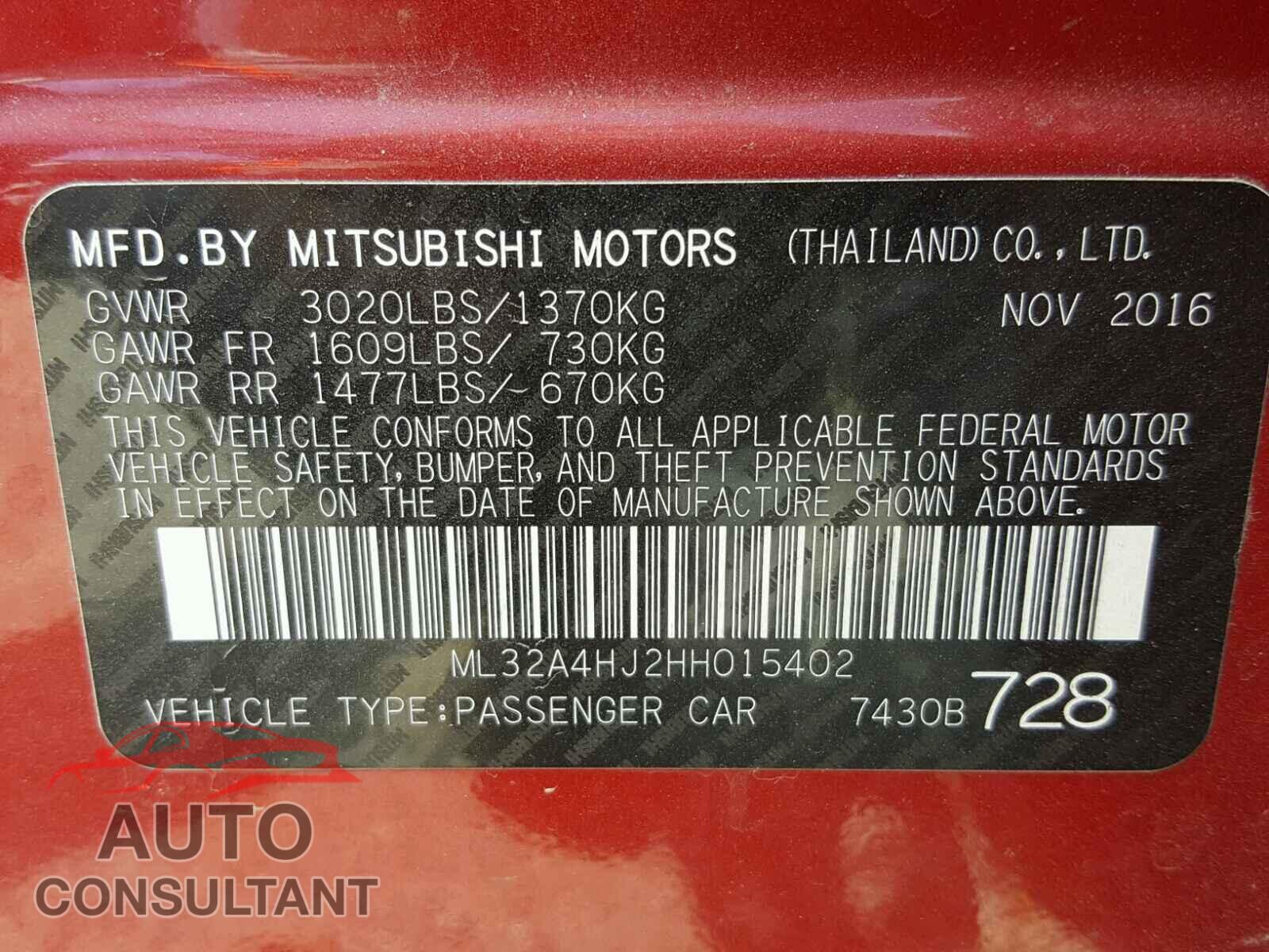 MITSUBISHI MIRAGE 2017 - ML32A4HJ2HH015402