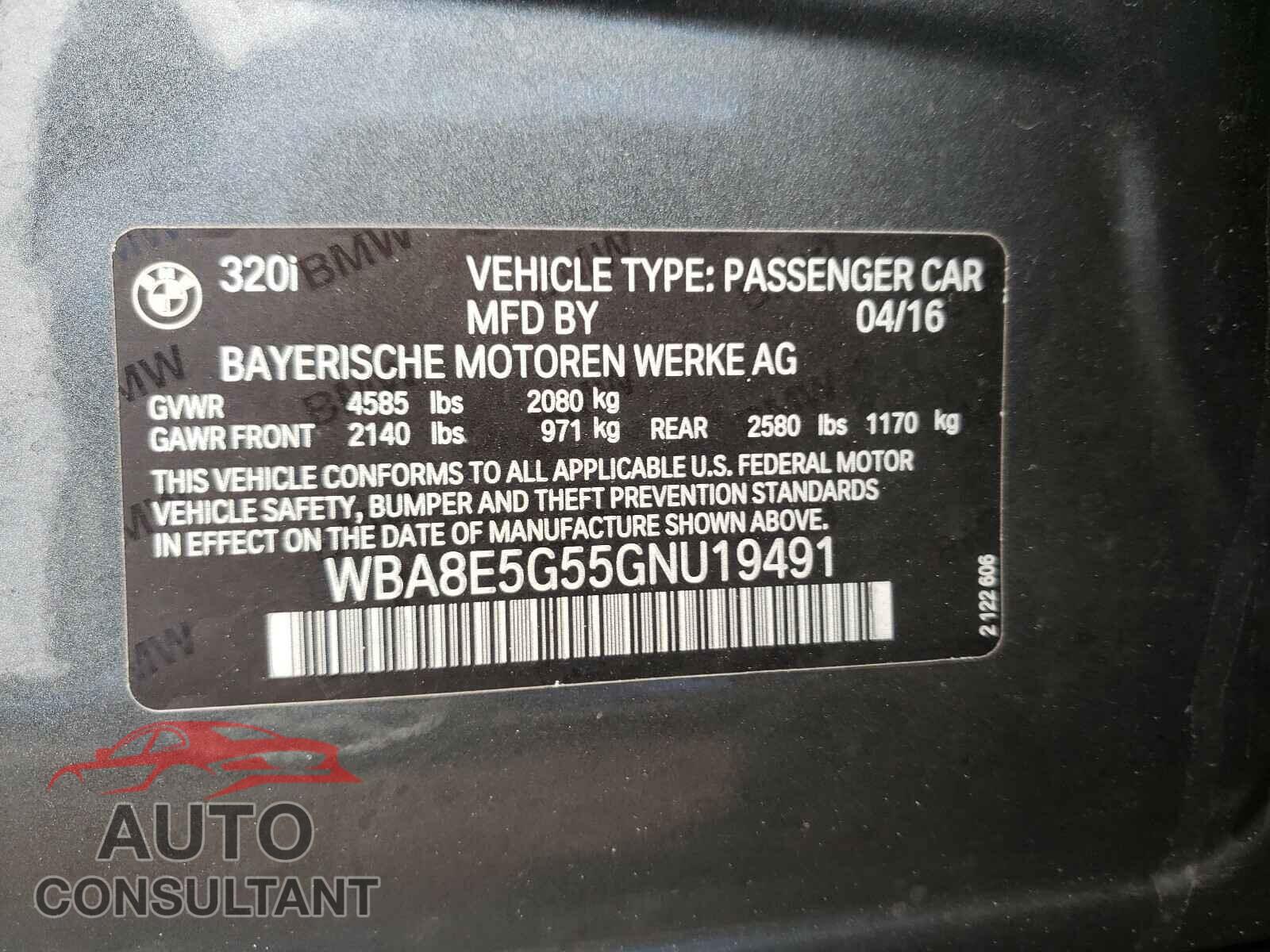 BMW 3 SERIES 2016 - WBA8E5G55GNU19491