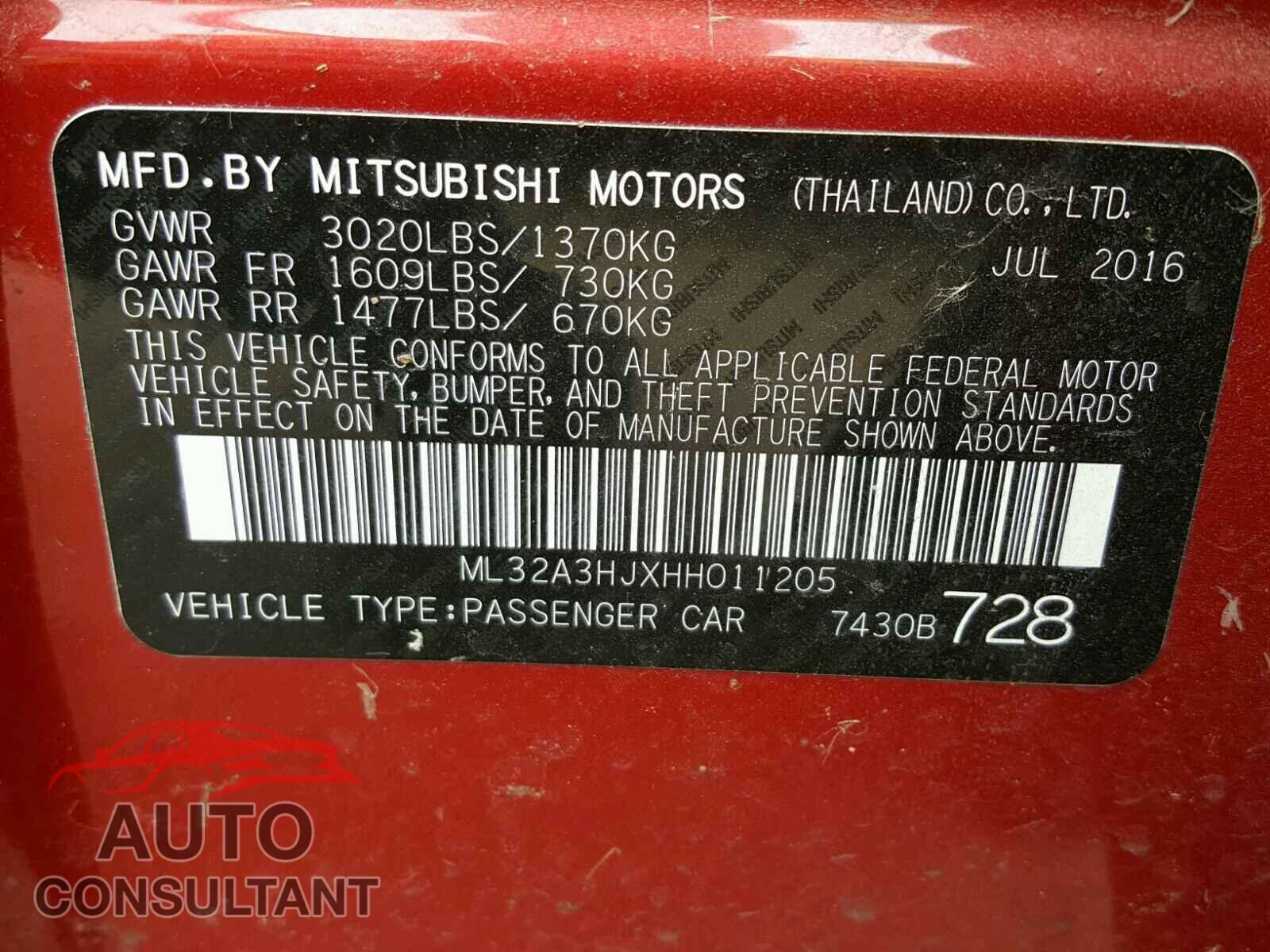 MITSUBISHI MIRAGE 2017 - ML32A3HJXHH011205