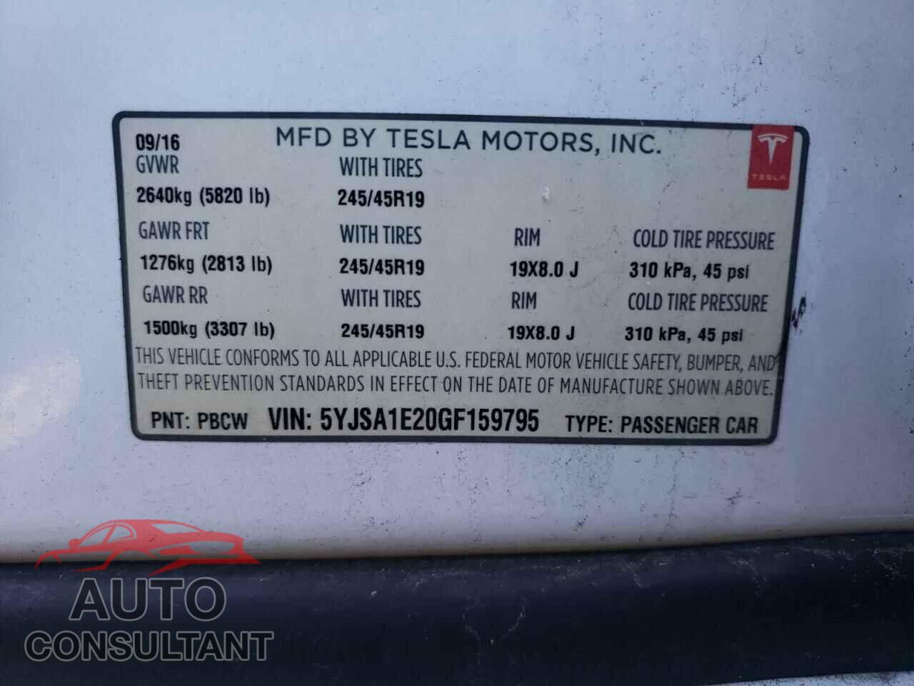 TESLA MODEL S 2016 - 5YJSA1E20GF159795