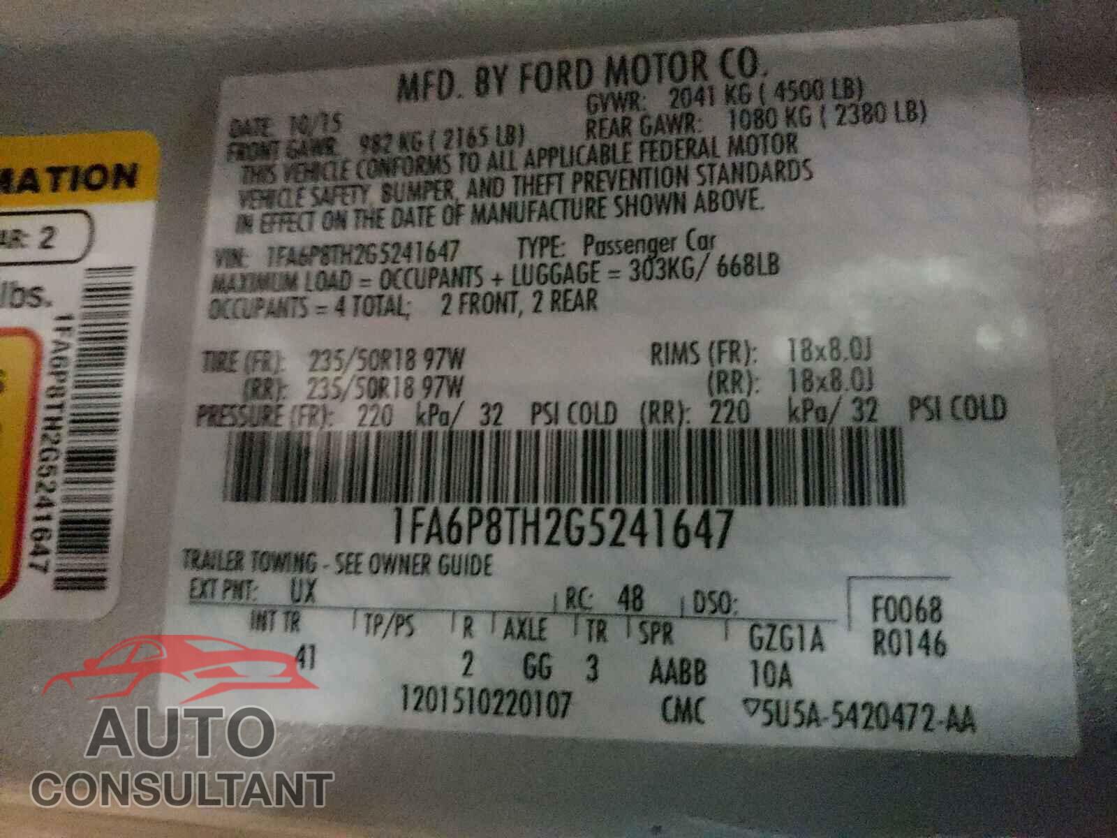 FORD MUSTANG 2016 - 1FA6P8TH2G5241647