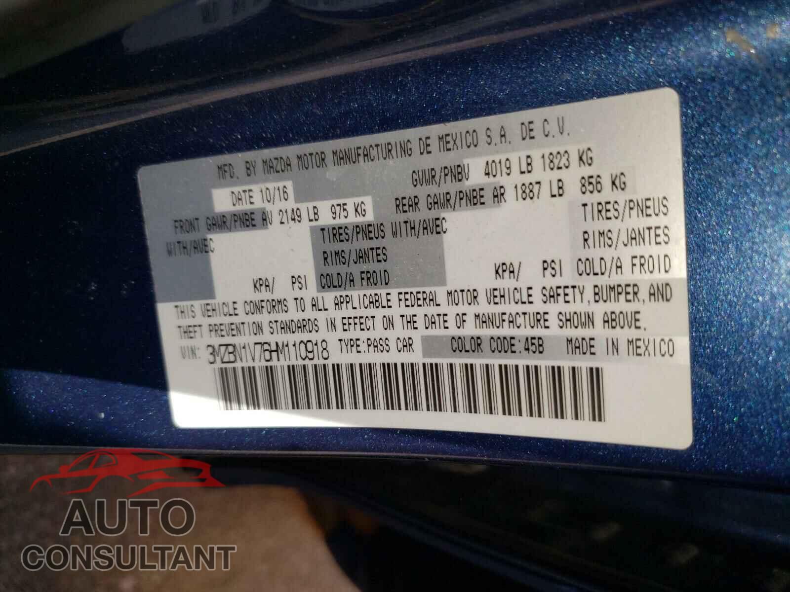 MAZDA 3 2017 - 3MZBN1V76HM110918