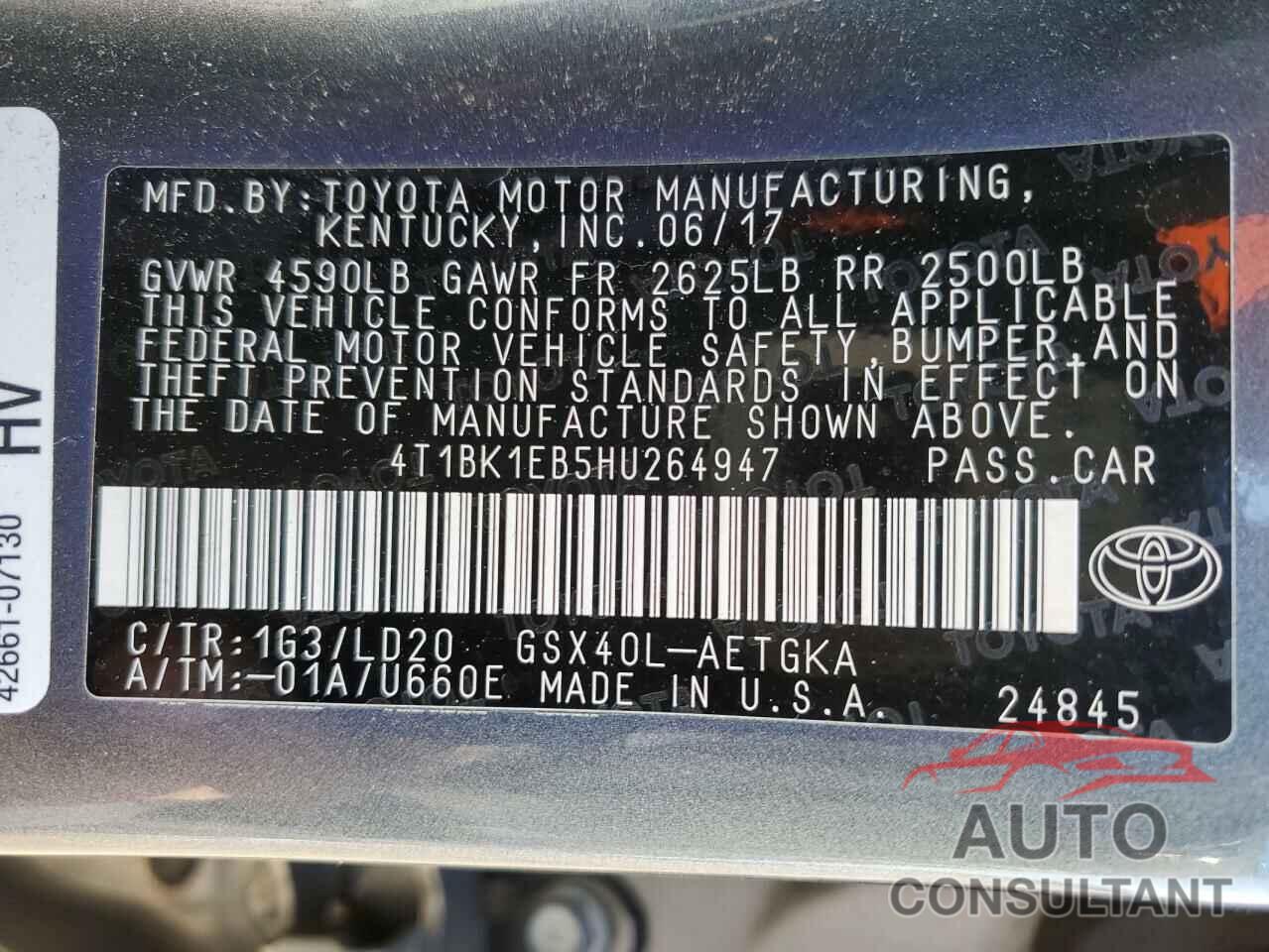 TOYOTA AVALON 2017 - 4T1BK1EB5HU264947