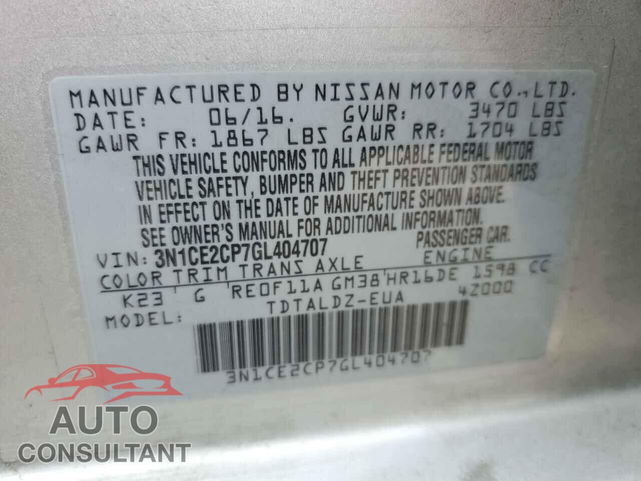 NISSAN VERSA 2016 - 3N1CE2CP7GL404707
