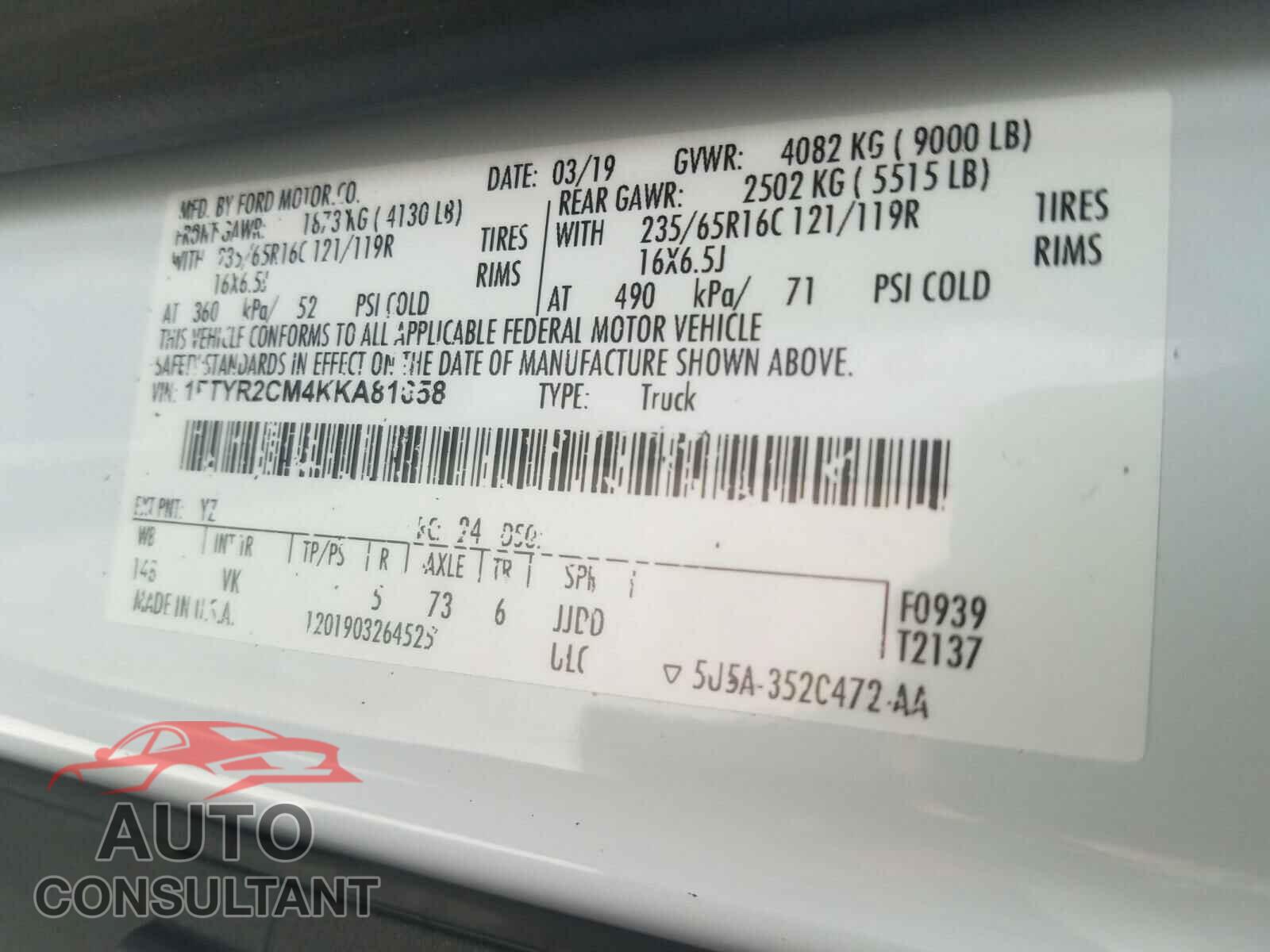 FORD TRANSIT CO 2019 - 1FTYR2CM4KKA81658