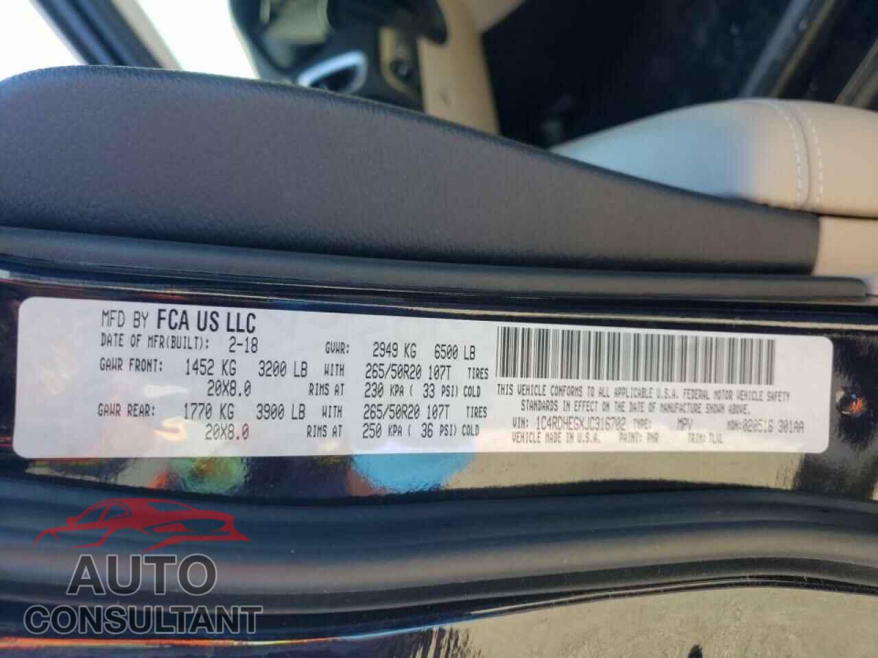 DODGE DURANGO 2018 - 1C4RDHEGXJC316702