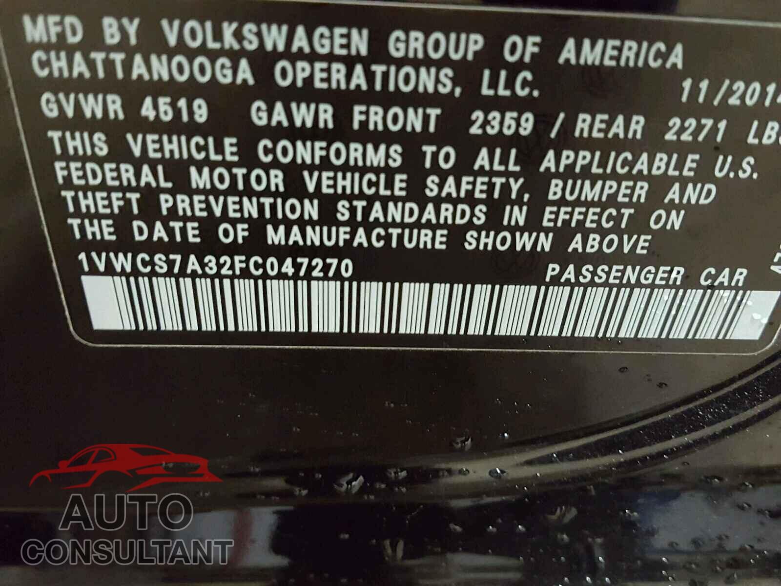 VOLKSWAGEN PASSAT 2015 - 1VWCS7A32FC047270