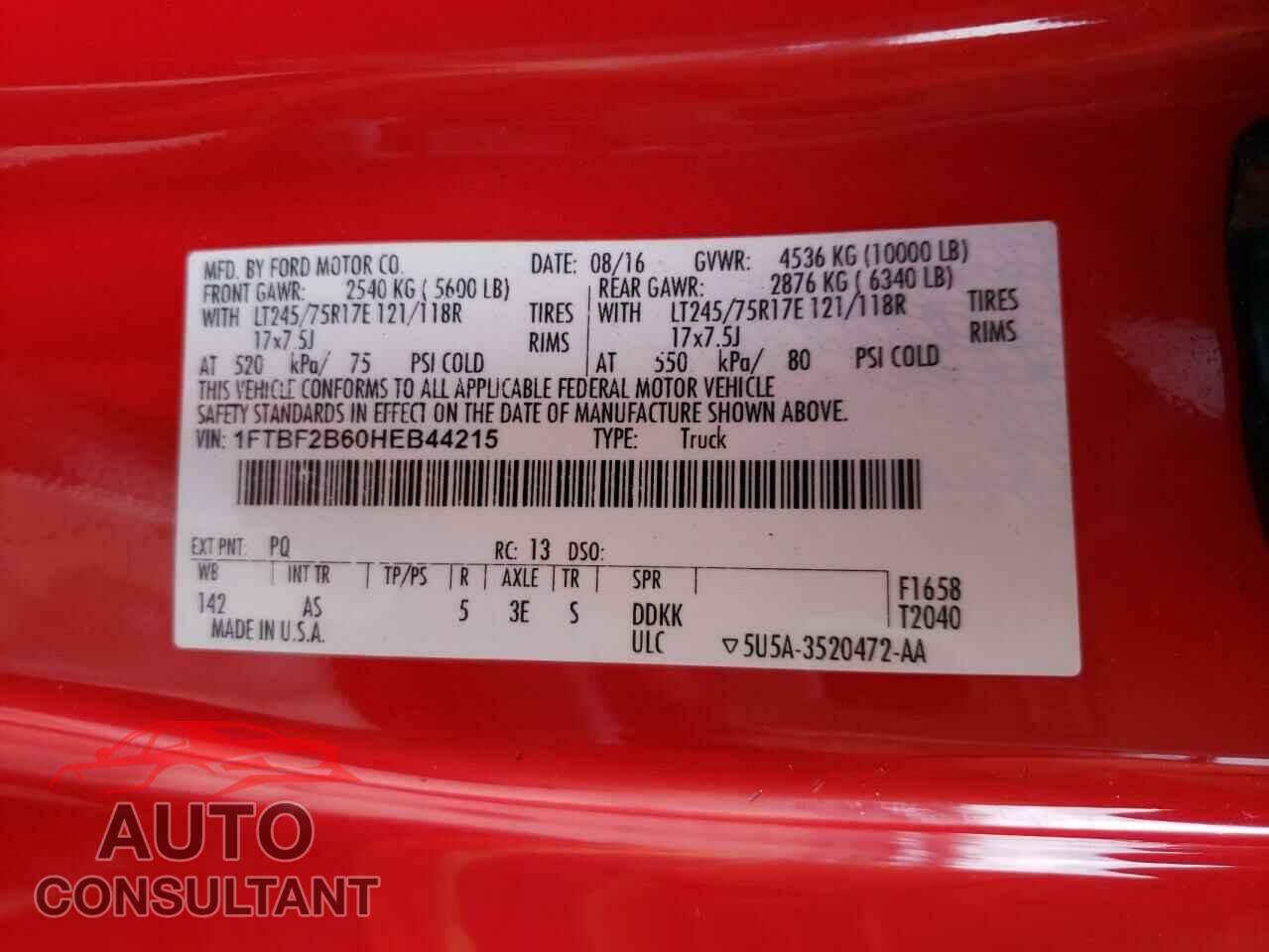 FORD F250 2017 - 1FTBF2B60HEB44215