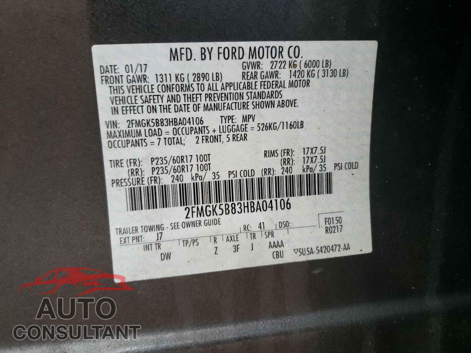 FORD FLEX 2017 - 2FMGK5B83HBA04106