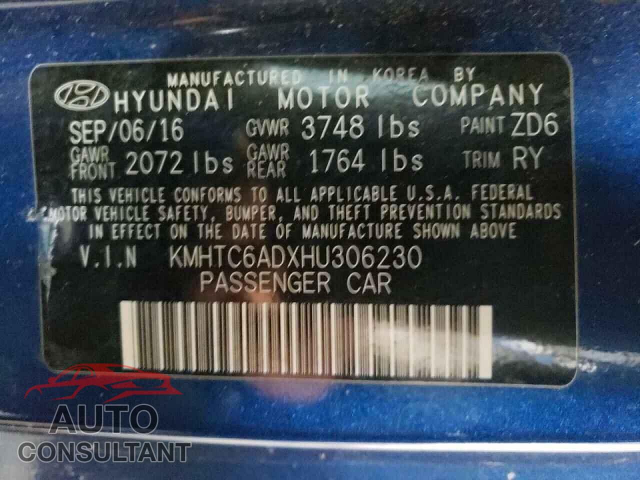 HYUNDAI VELOSTER 2017 - KMHTC6ADXHU306230