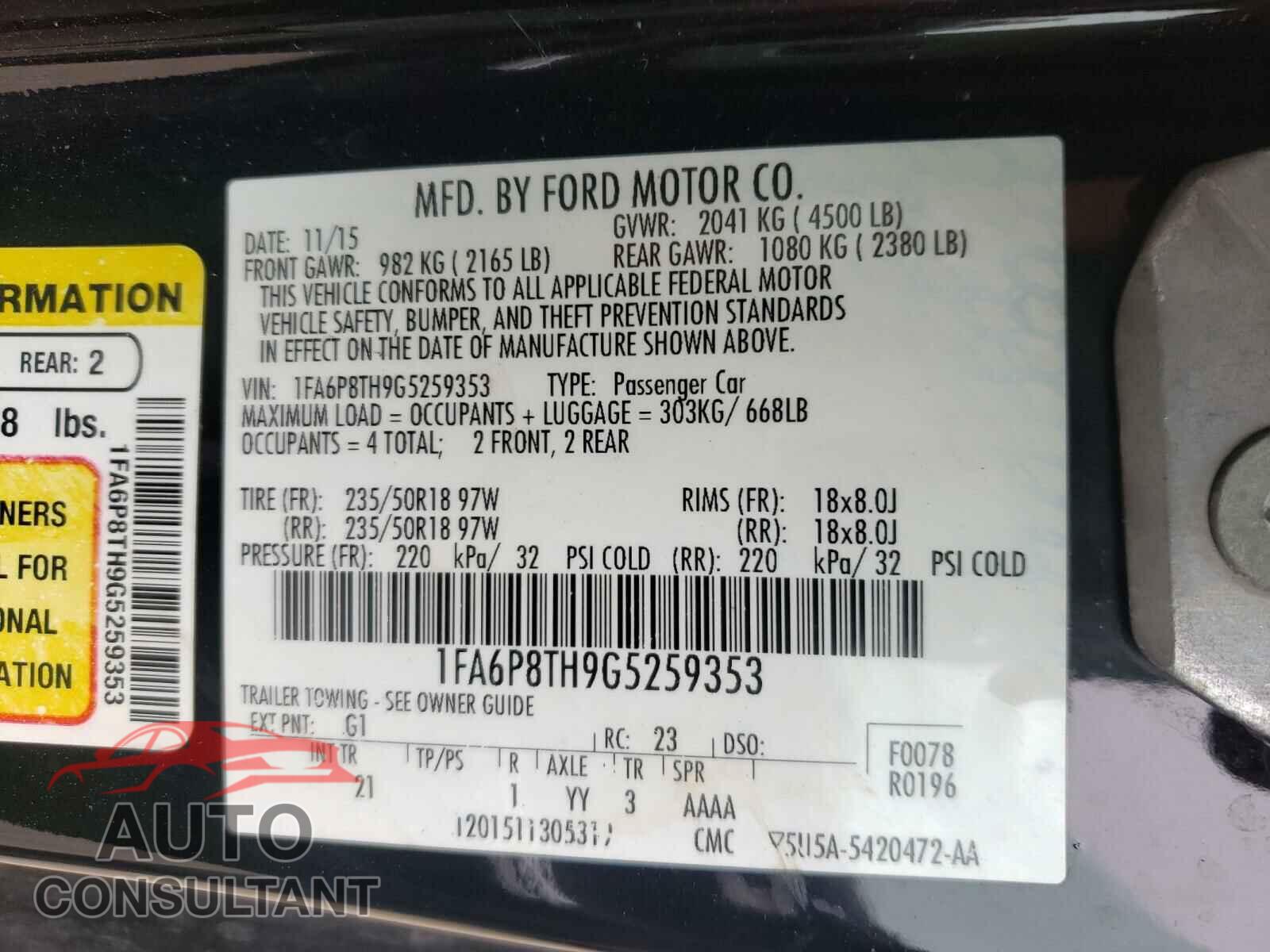 FORD MUSTANG 2016 - 1FA6P8TH9G5259353