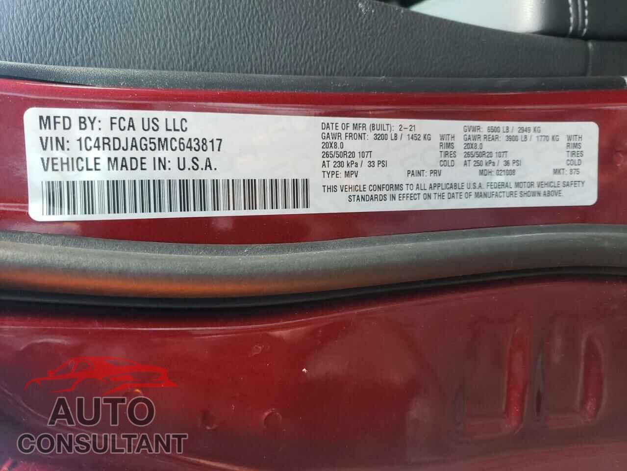DODGE DURANGO 2021 - 1C4RDJAG5MC643817