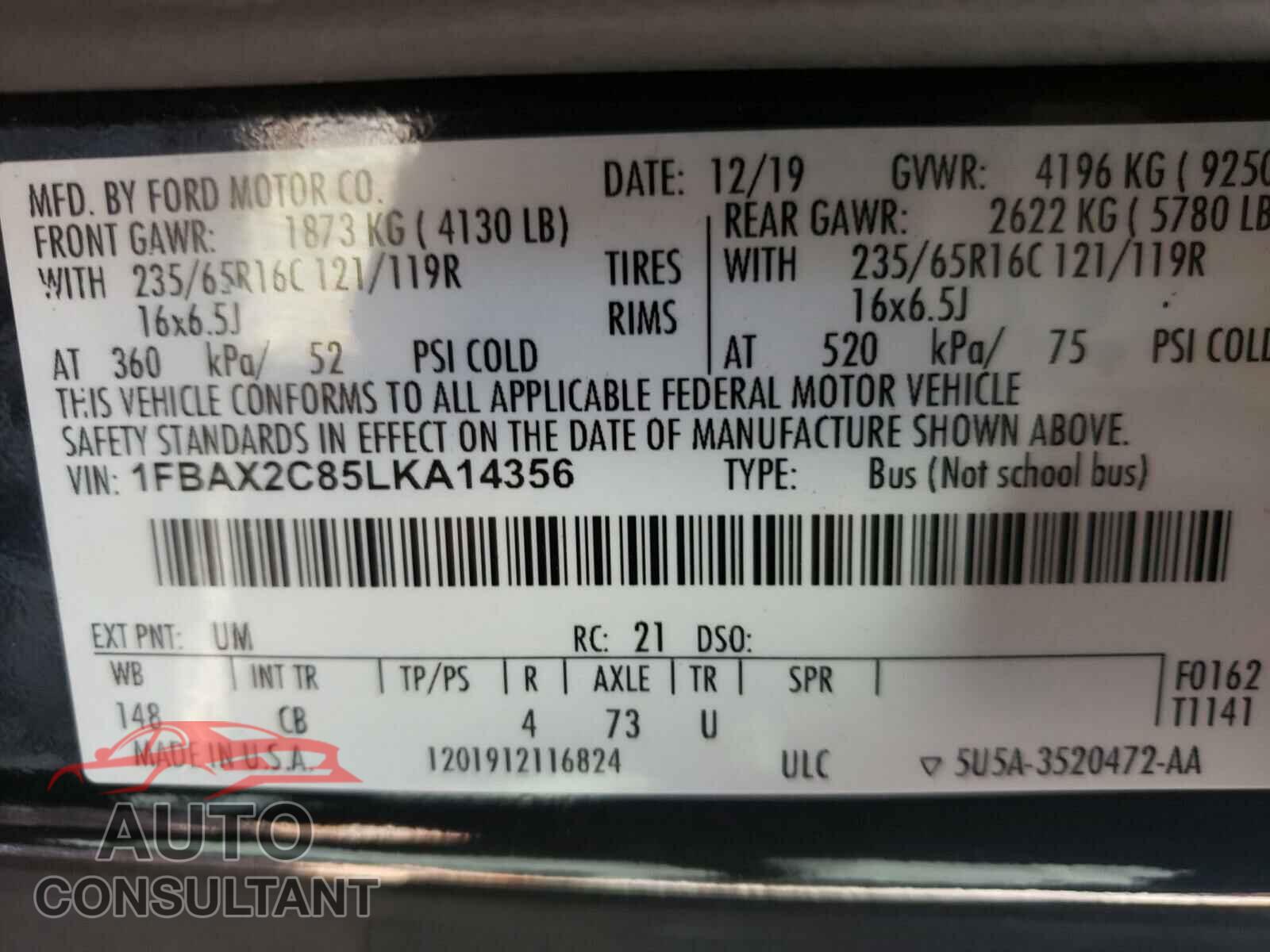 FORD TRANSIT CO 2020 - 1FBAX2C85LKA14356