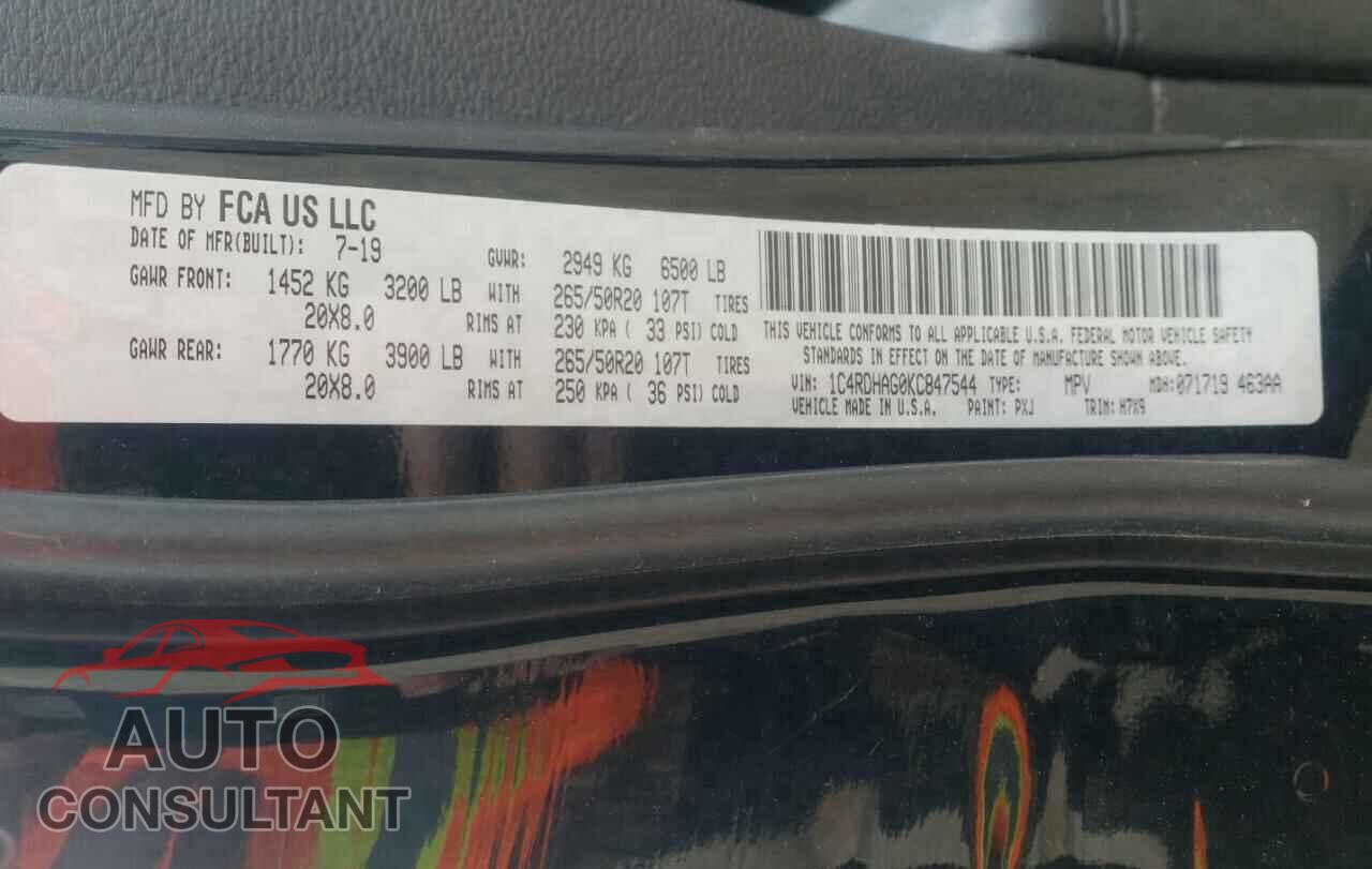 DODGE DURANGO 2019 - 1C4RDHAG0KC847544