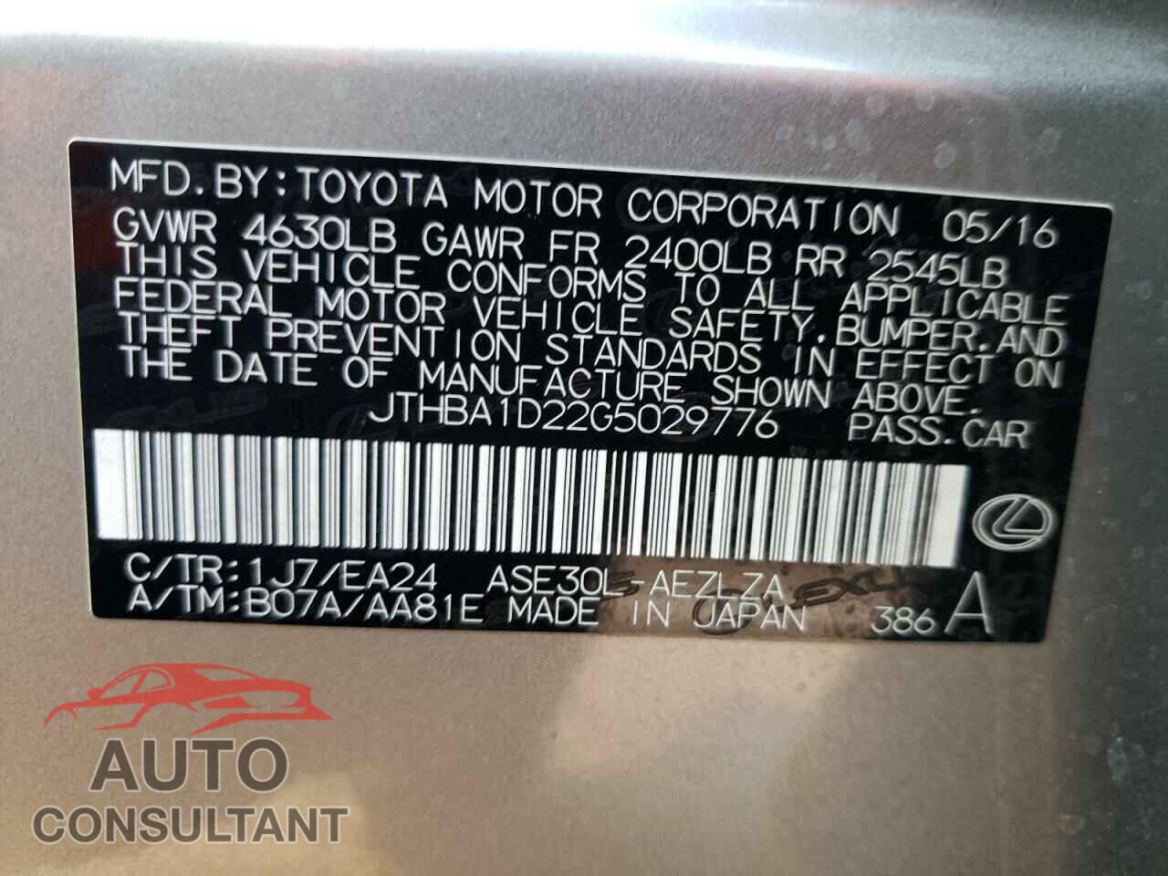 LEXUS IS 2016 - JTHBA1D22G5029776