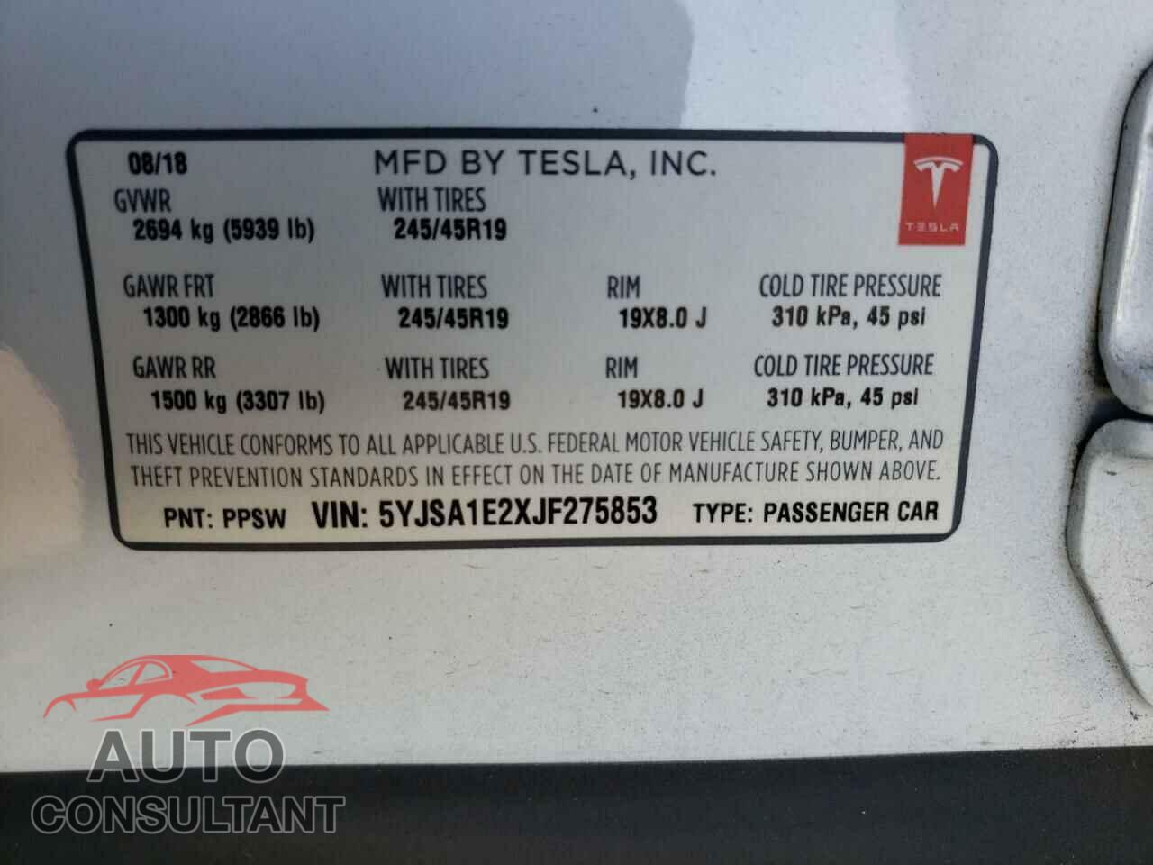 TESLA MODEL S 2018 - 5YJSA1E2XJF275853