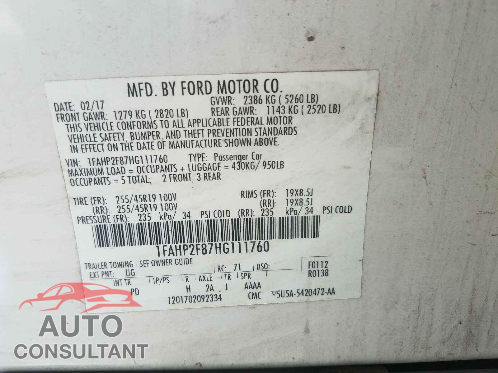 FORD TAURUS 2017 - 1FAHP2F87HG111760