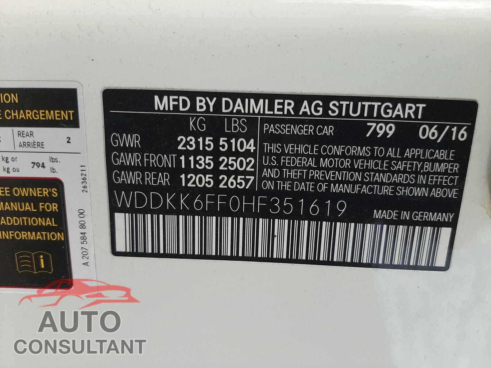 MERCEDES-BENZ E CLASS 2017 - WDDKK6FF0HF351619