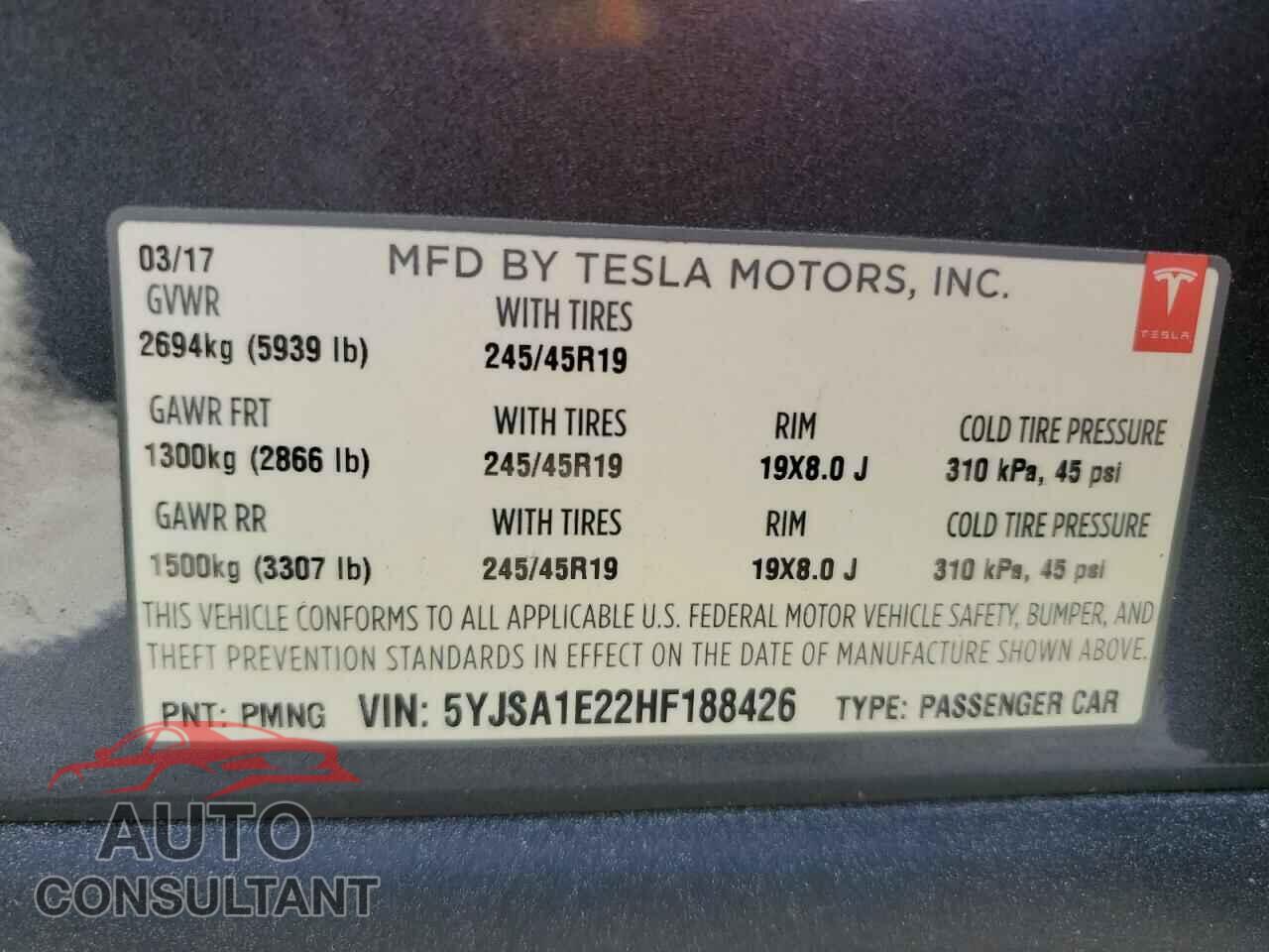 TESLA MODEL S 2017 - 5YJSA1E22HF188426
