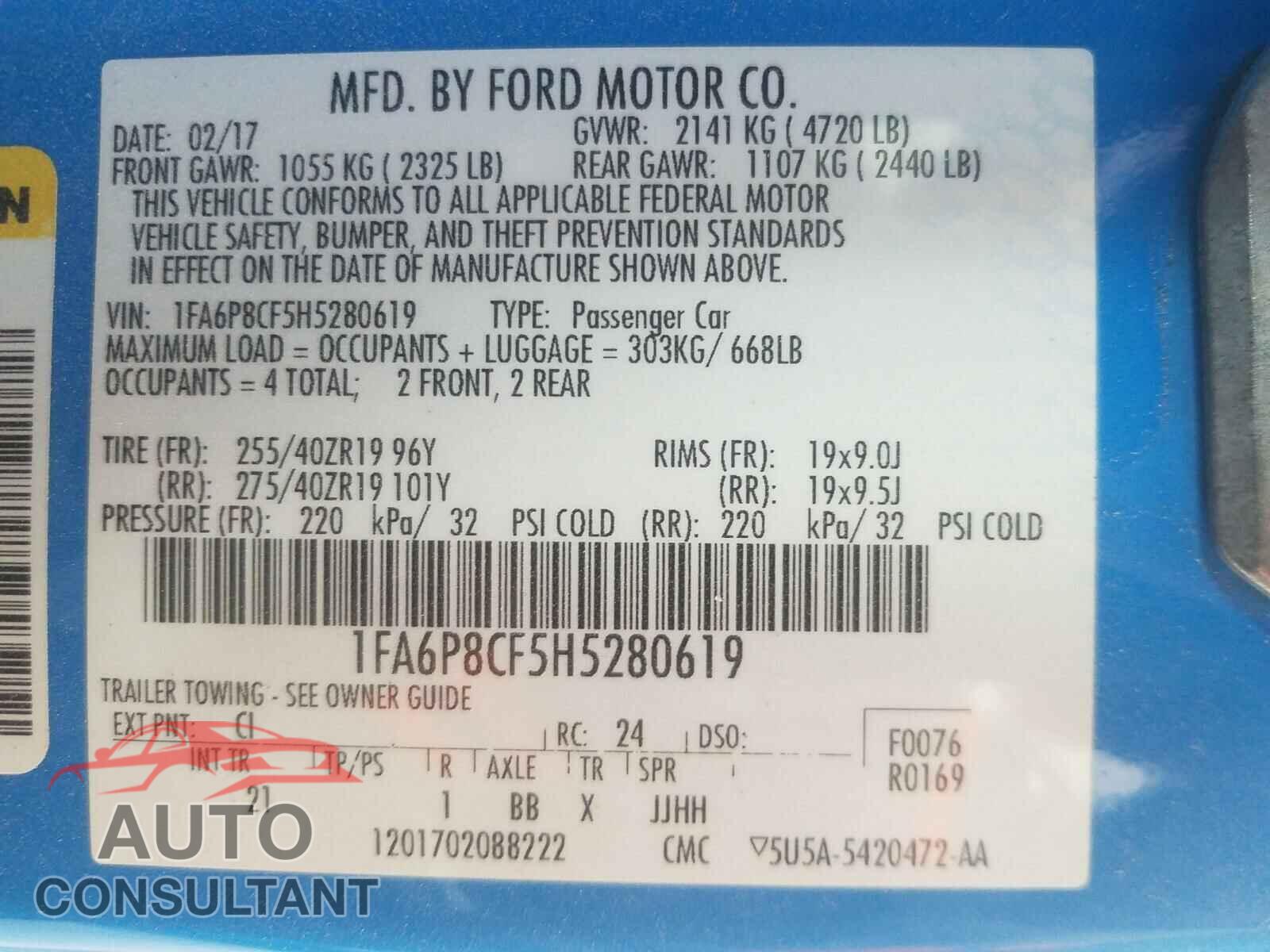 FORD MUSTANG 2017 - 1FA6P8CF5H5280619