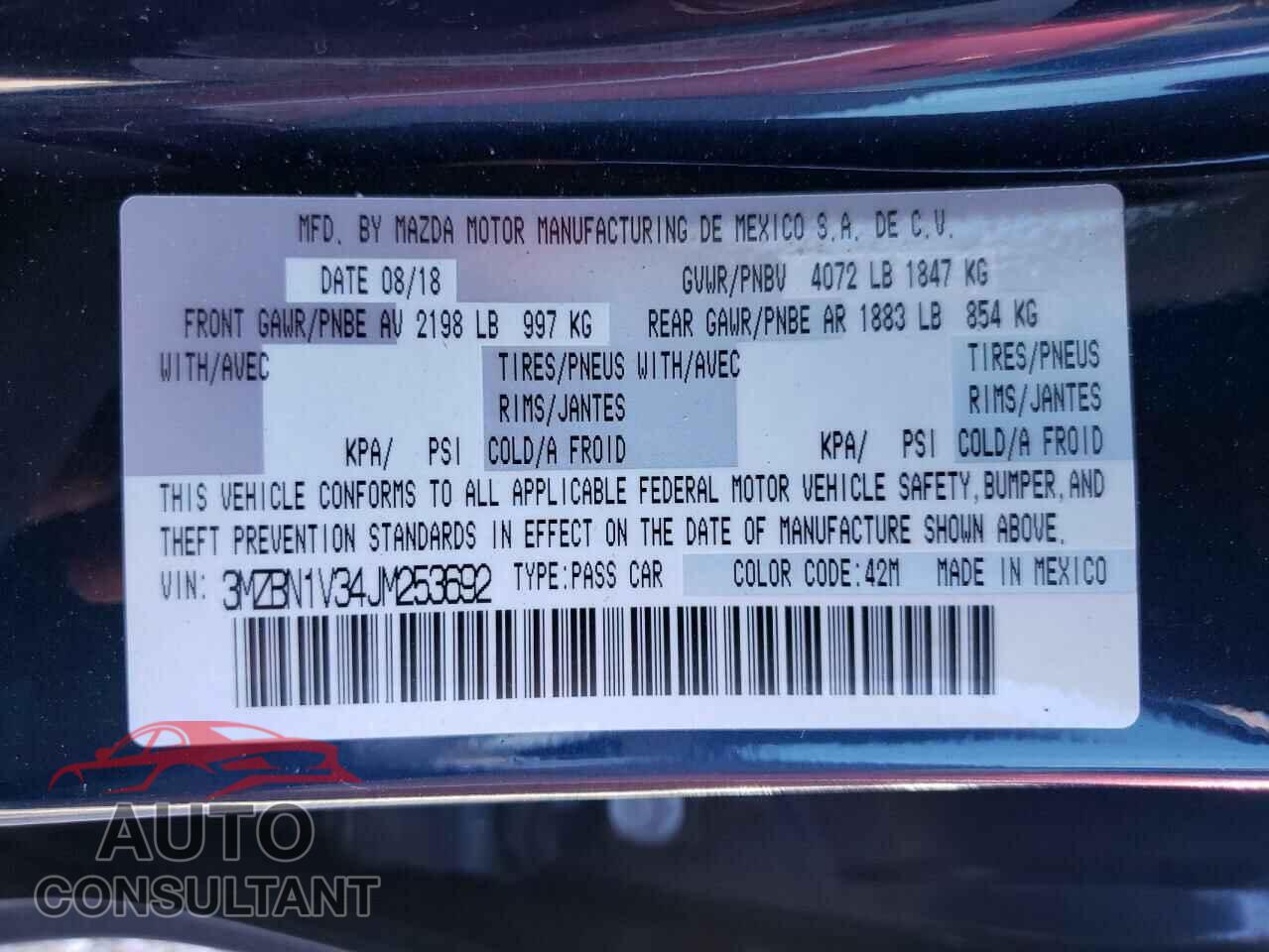 MAZDA 3 2018 - 3MZBN1V34JM253692