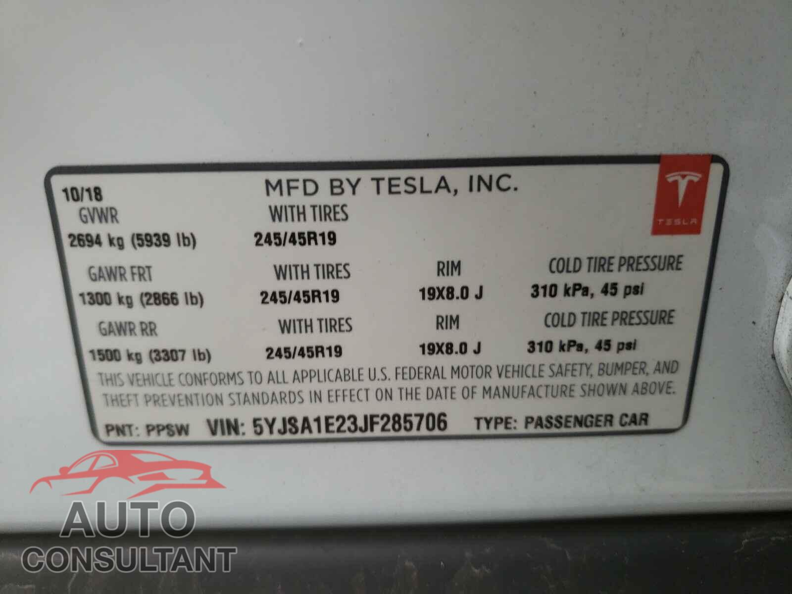 TESLA MODEL S 2018 - 5YJSA1E23JF285706