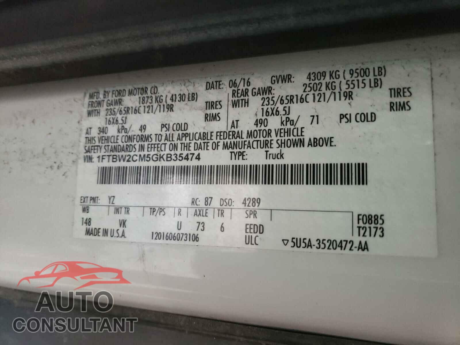 FORD TRANSIT CO 2016 - 1FTBW2CM5GKB35474