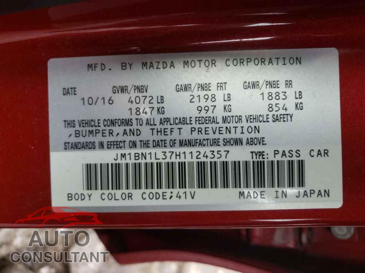 MAZDA 3 2017 - JM1BN1L37H1124357