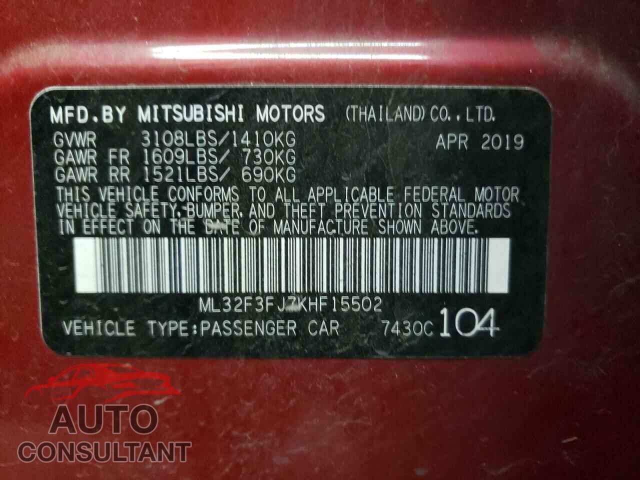 MITSUBISHI MIRAGE 2019 - ML32F3FJ7KHF15502