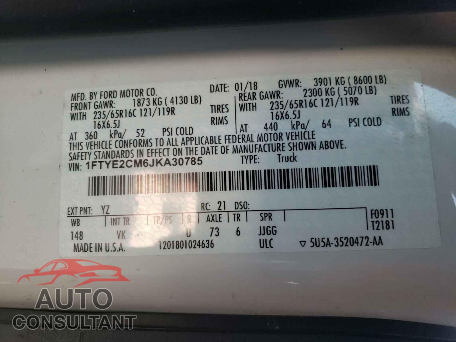 FORD TRANSIT CO 2018 - 1FTYE2CM6JKA30785