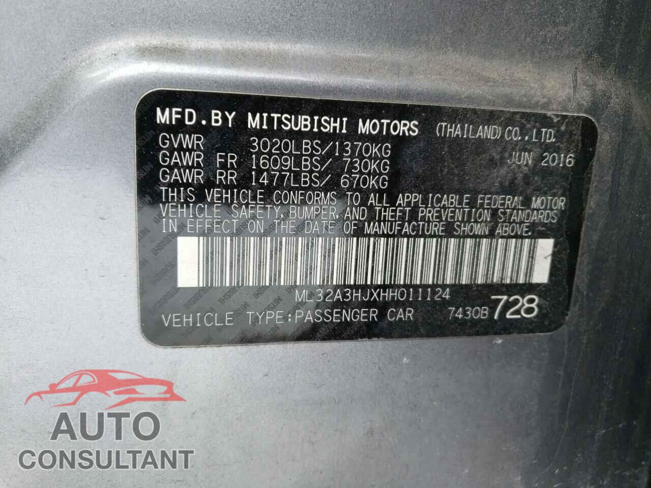 MITSUBISHI MIRAGE 2017 - ML32A3HJXHH011124