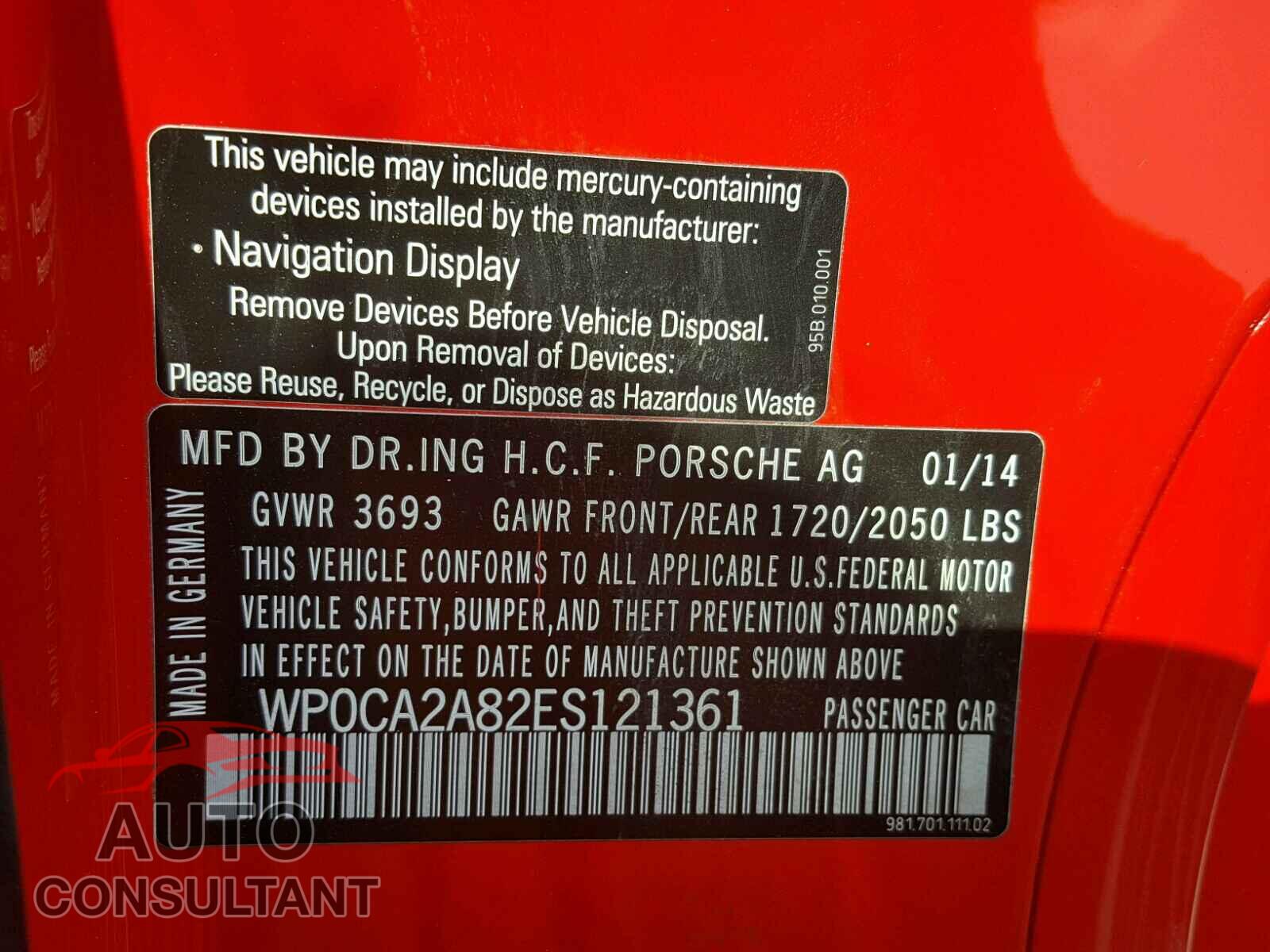PORSCHE BOXSTER 2014 - WP0CA2A82ES121361