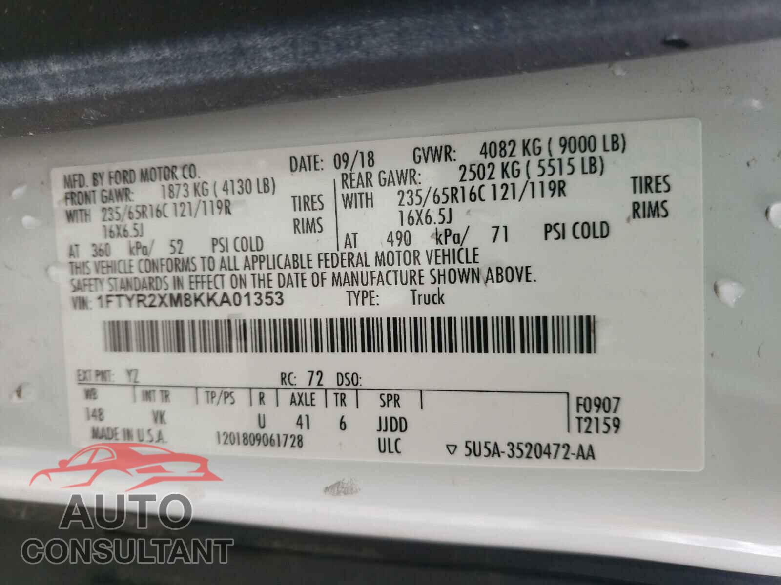 FORD TRANSIT CO 2019 - 1FTYR2XM8KKA01353