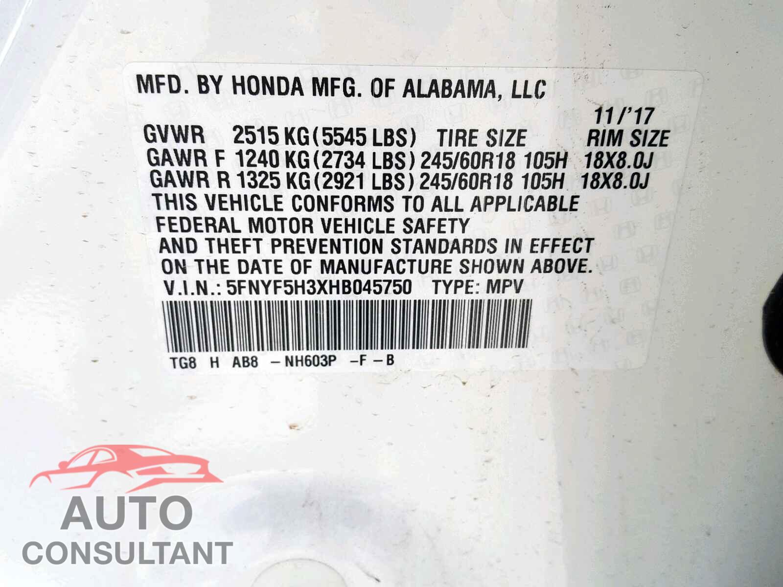 HONDA PILOT EX 2017 - 3N1AB7AP7KY453871