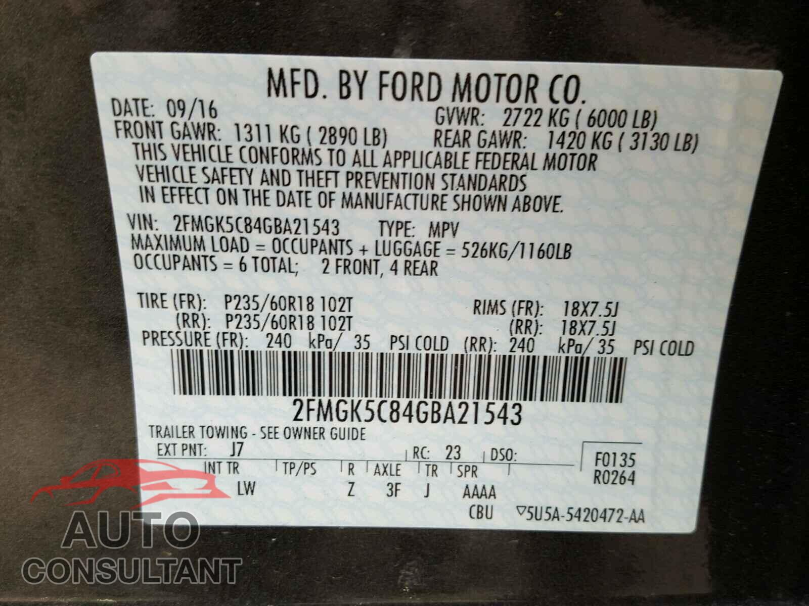 FORD FLEX 2016 - 2FMGK5C84GBA21543