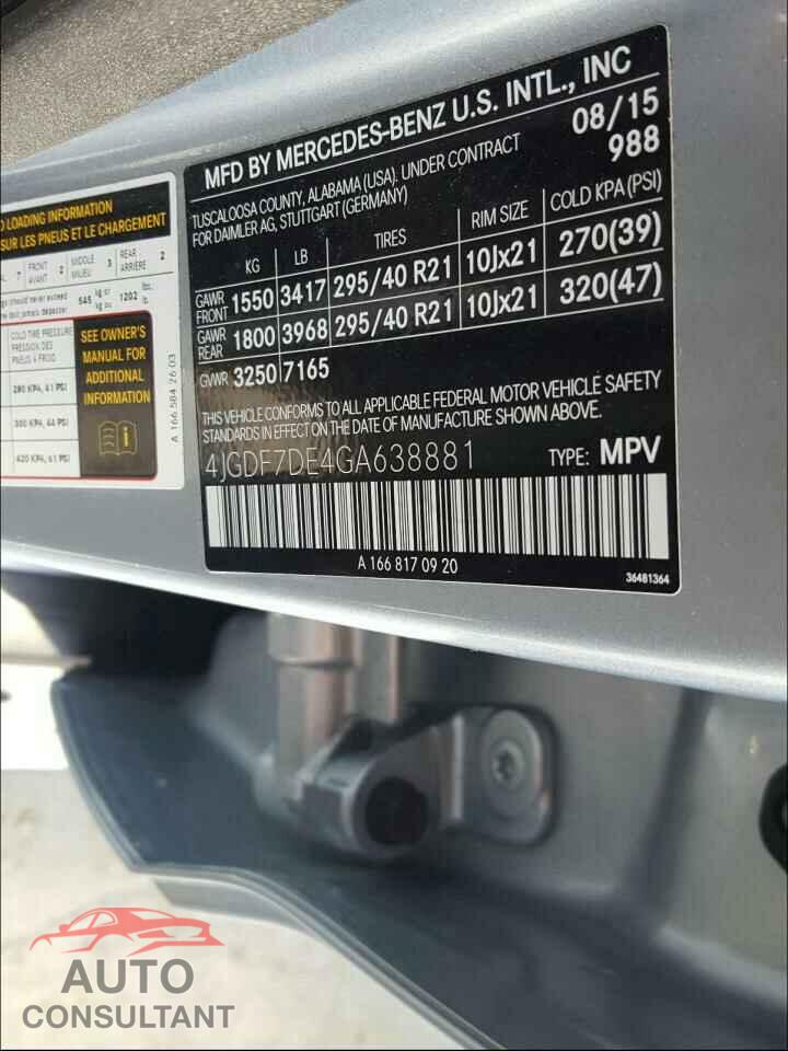 MERCEDES-BENZ G CLASS 2016 - 4JGDF7DE4GA638881