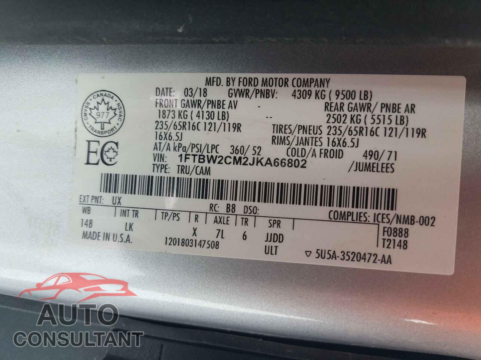 FORD TRANSIT CO 2018 - 1FTBW2CM2JKA66802