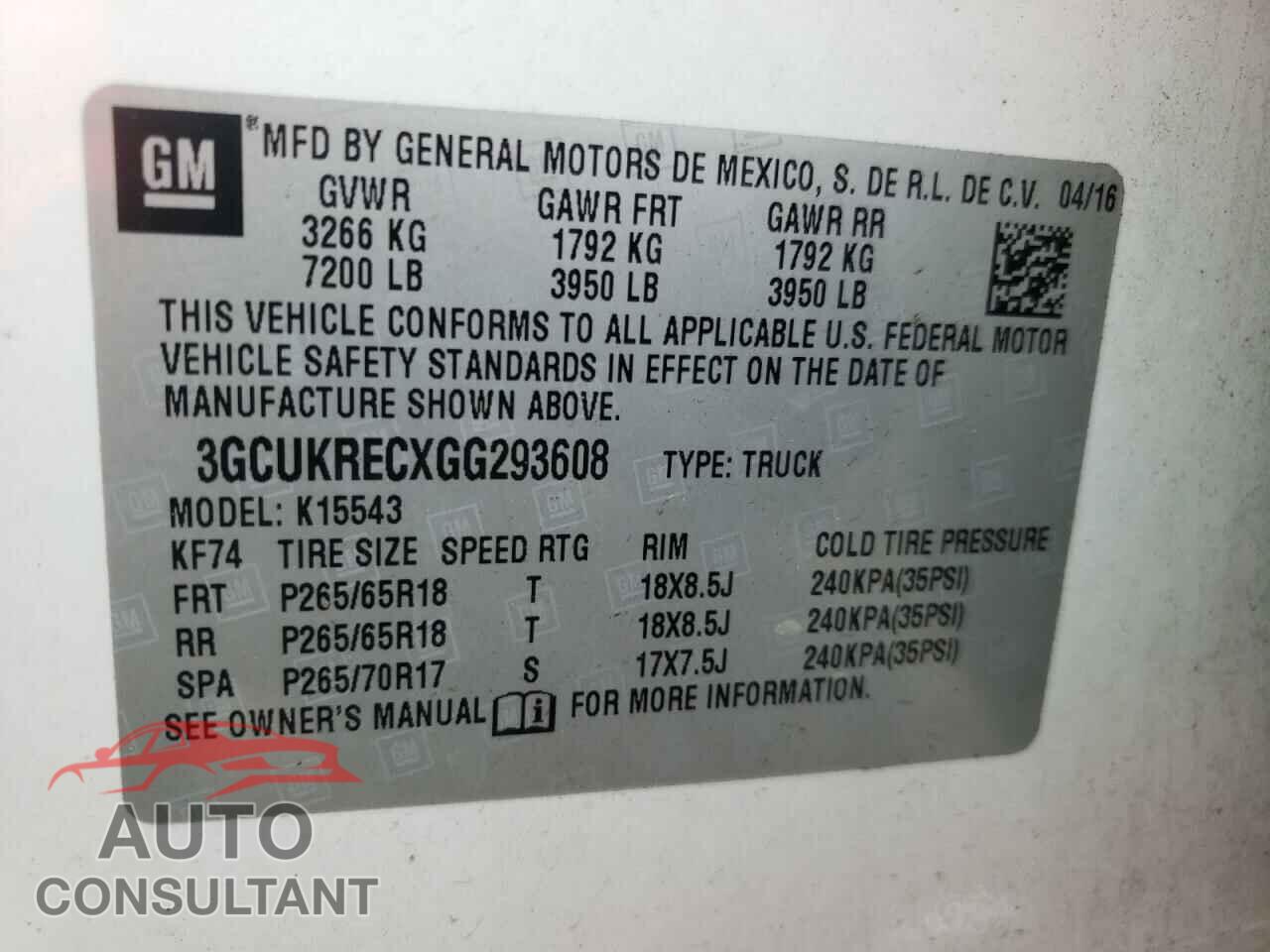 CHEVROLET SILVERADO 2016 - 3GCUKRECXGG293608