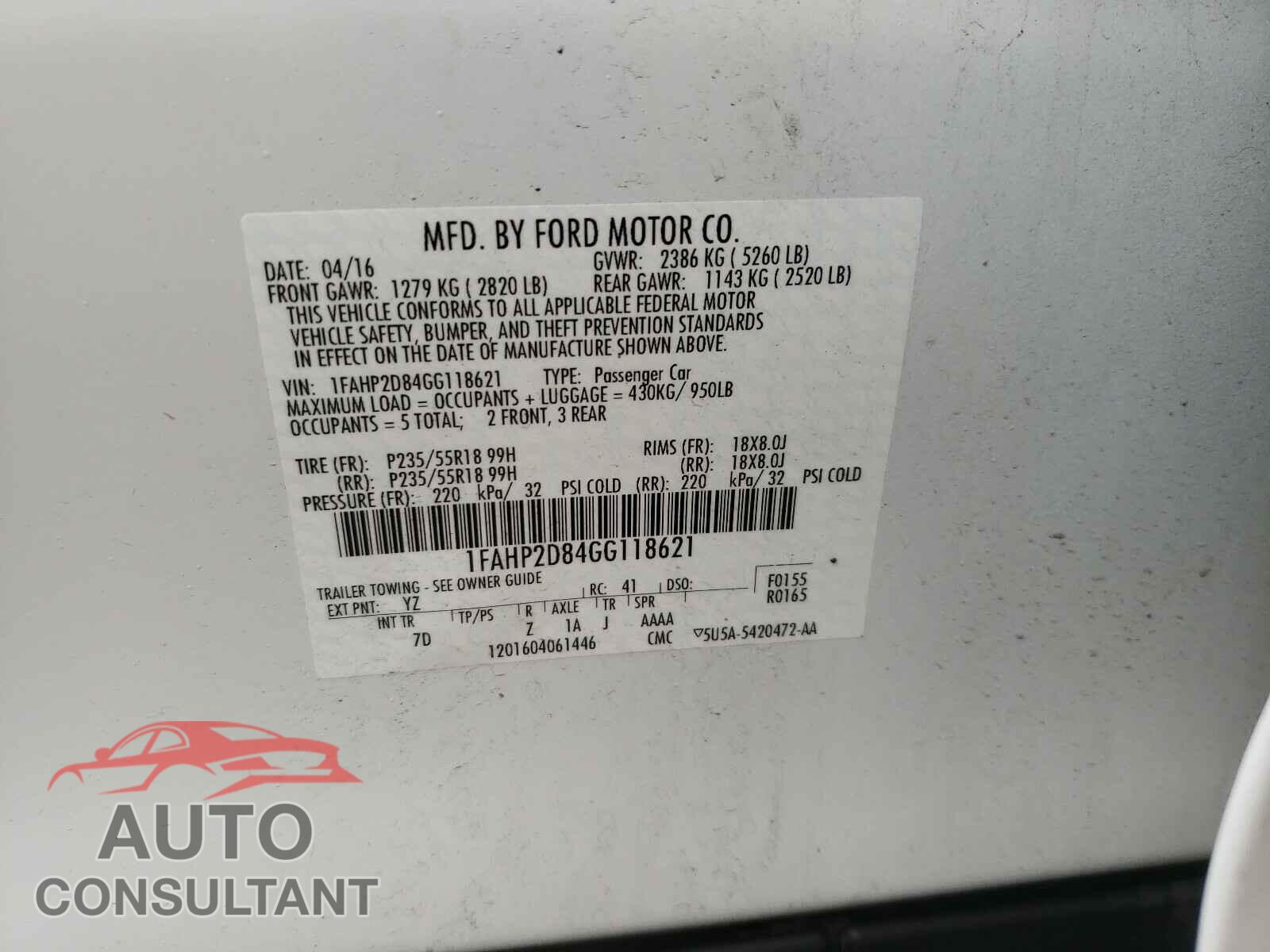 FORD TAURUS 2016 - 1FAHP2D84GG118621