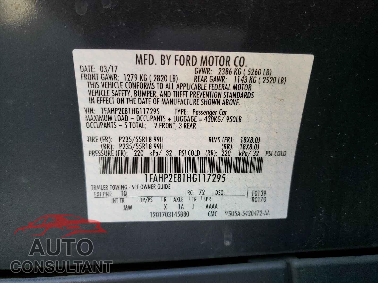 FORD TAURUS 2017 - 1FAHP2E81HG117295