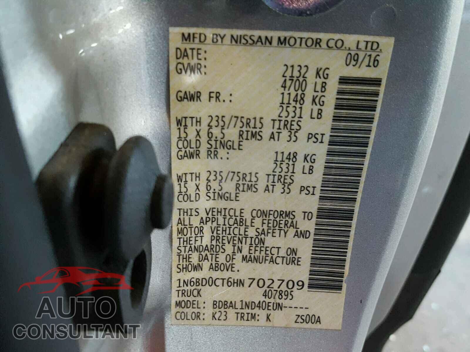 NISSAN FRONTIER 2017 - 1N6BD0CT6HN702709