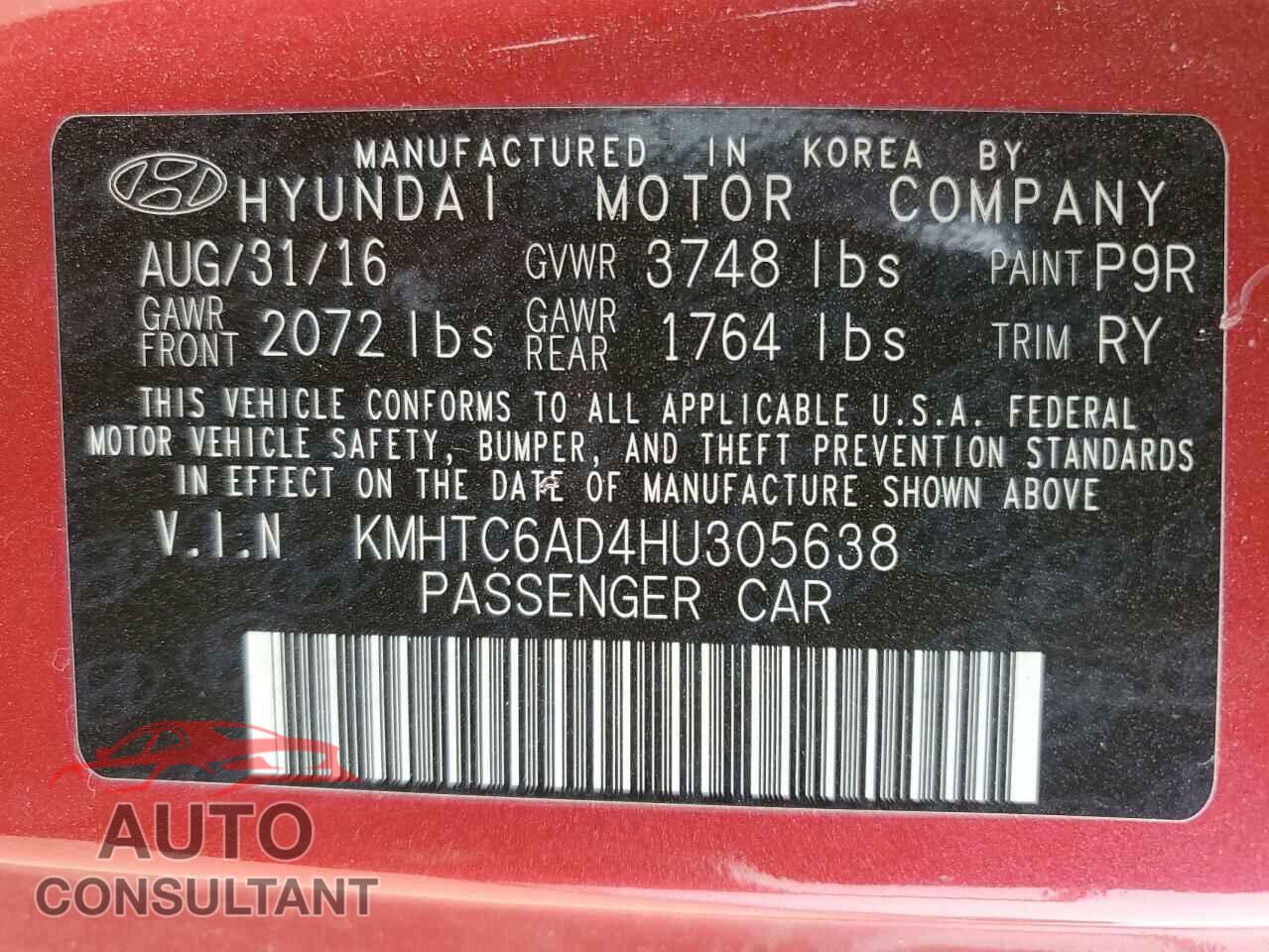 HYUNDAI VELOSTER 2017 - KMHTC6AD4HU305638